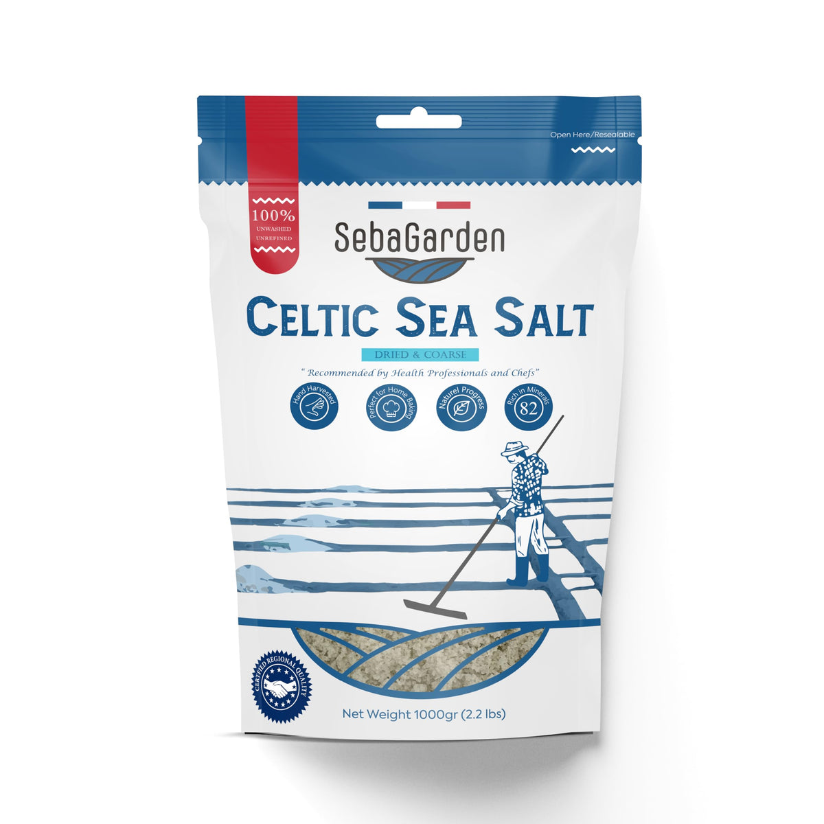 Seba Garden Celtic Sea Salt Grey, 1kg - Dried & Coarse, Certificated Organic Reseallable Bag of Grey Sea Salt, Hand Harvested, Contains Over 82