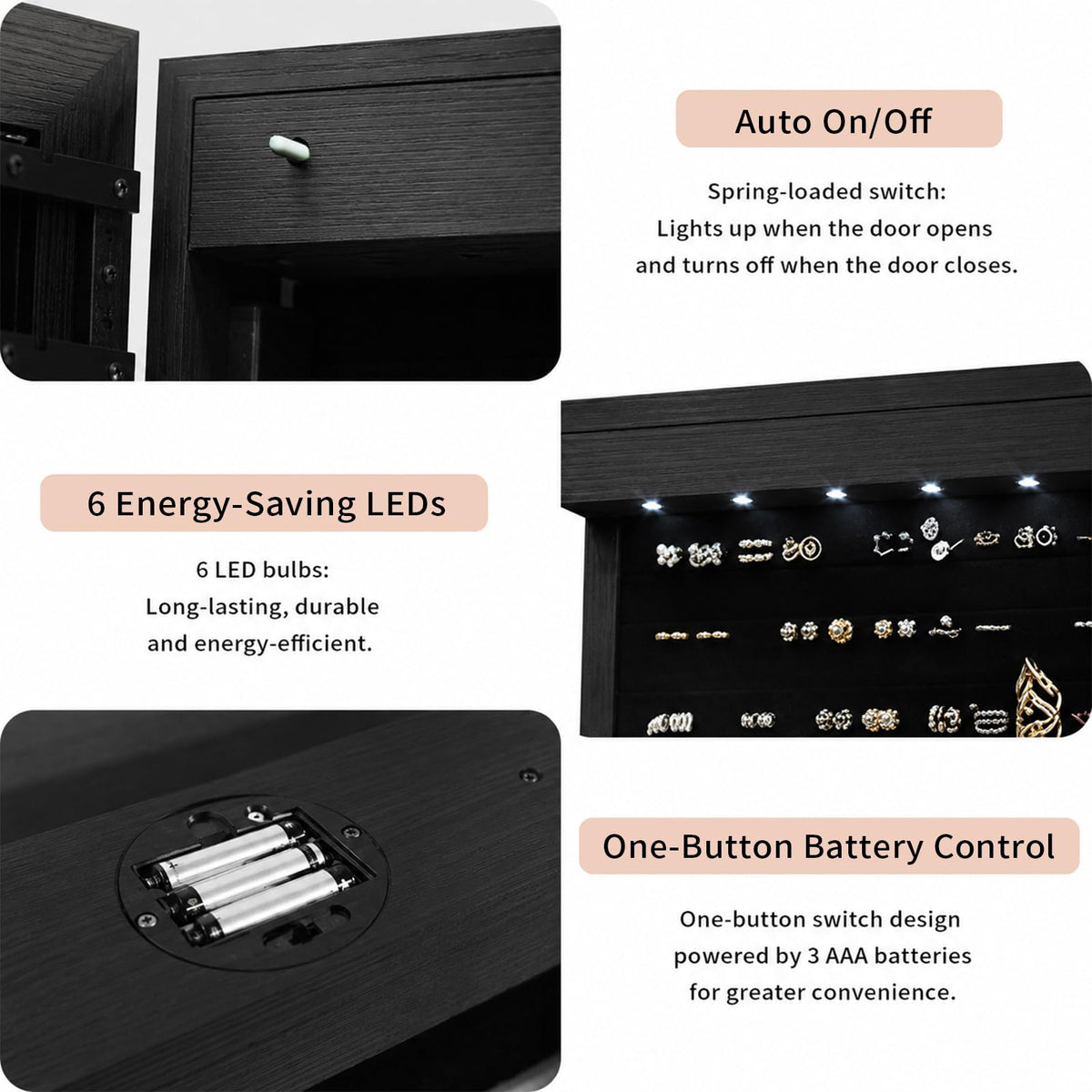 AnSafity Lockable Jewelry Cabinet Organizer with Full Length Mirror, 6 Auto LED Lights, Wall & Over Door Mount Jewelry Armoire with Earring Slots