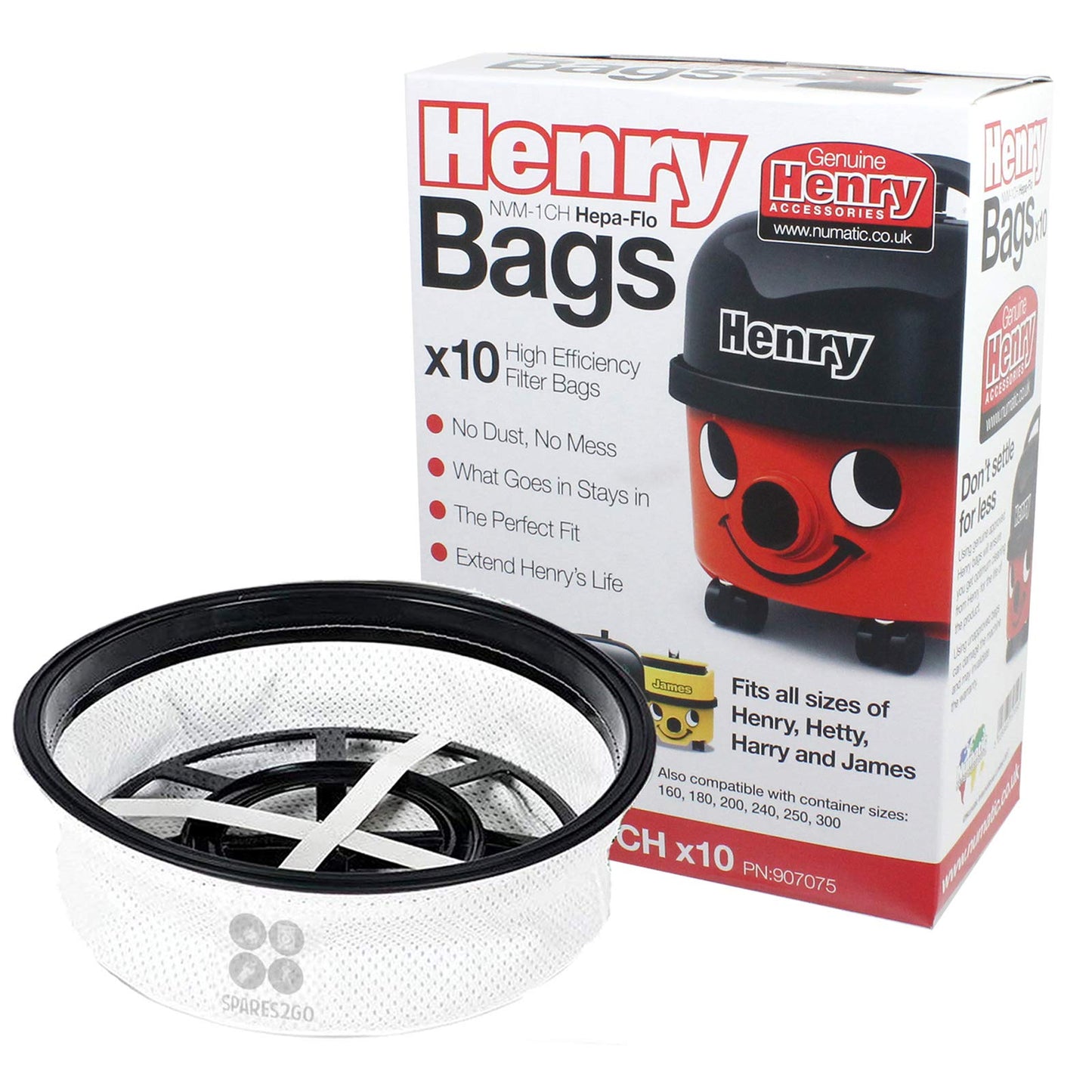 Genuine Numatic Hepa-Flo Cloth Dust Bags + 12" Compatible Main Filter for Henry Hetty James Vacuum Cleaner (Pack of 10 Bags)