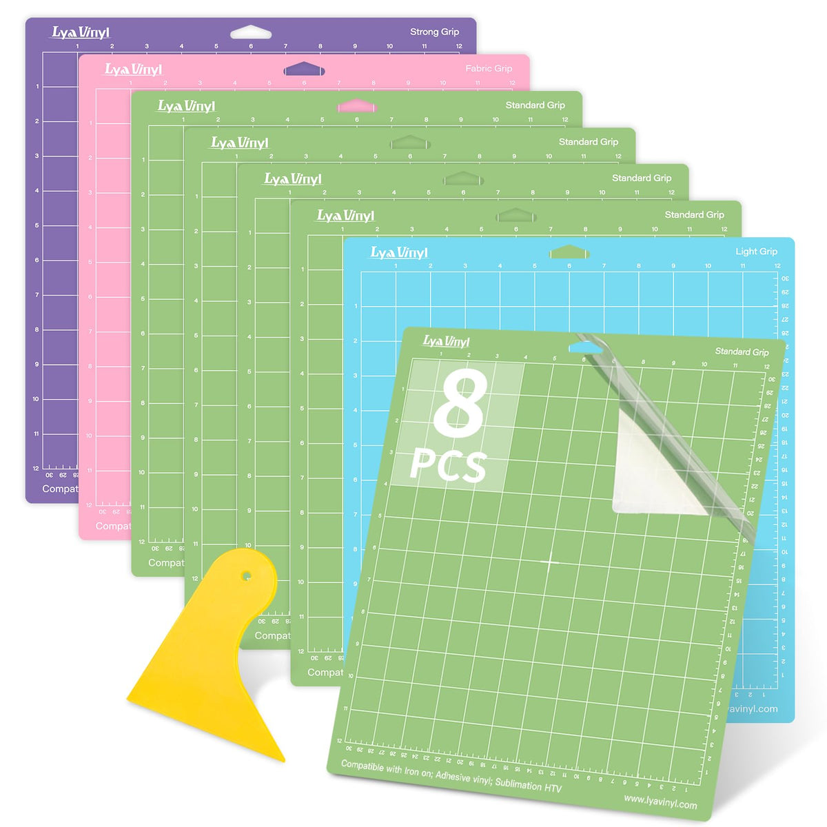 Lya Vinyl 8 Pack Variety Cutting Mats - 12x12, StandardGrip, LightGrip, StrongGrip, FabricGrip for Cricut Explore Air Series