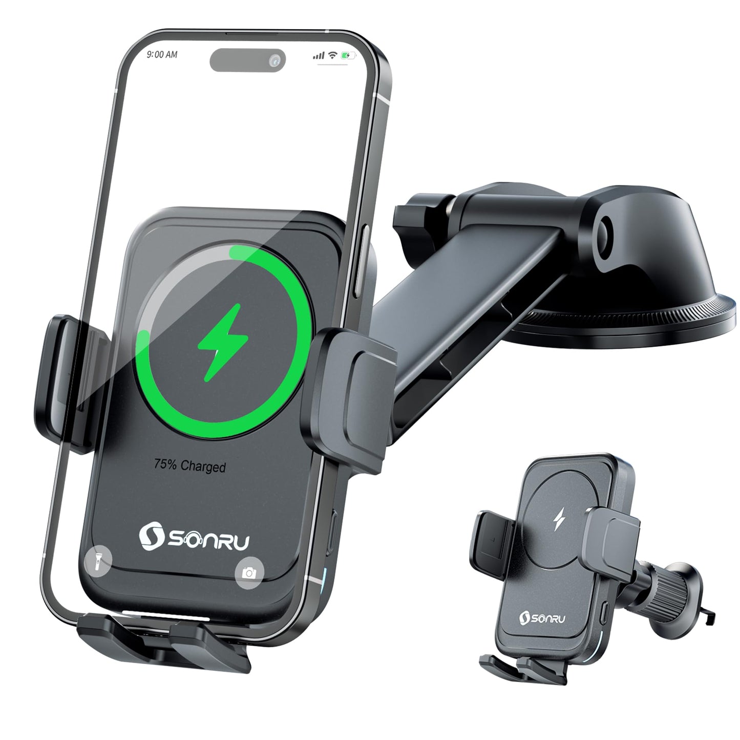 SONRU Car Phone Holder Wireless Charger, Qi 15W Wireless Car Charger Fast Charging Auto Clamping Car Charger Mount Suction Holder Dashboard Air Vent