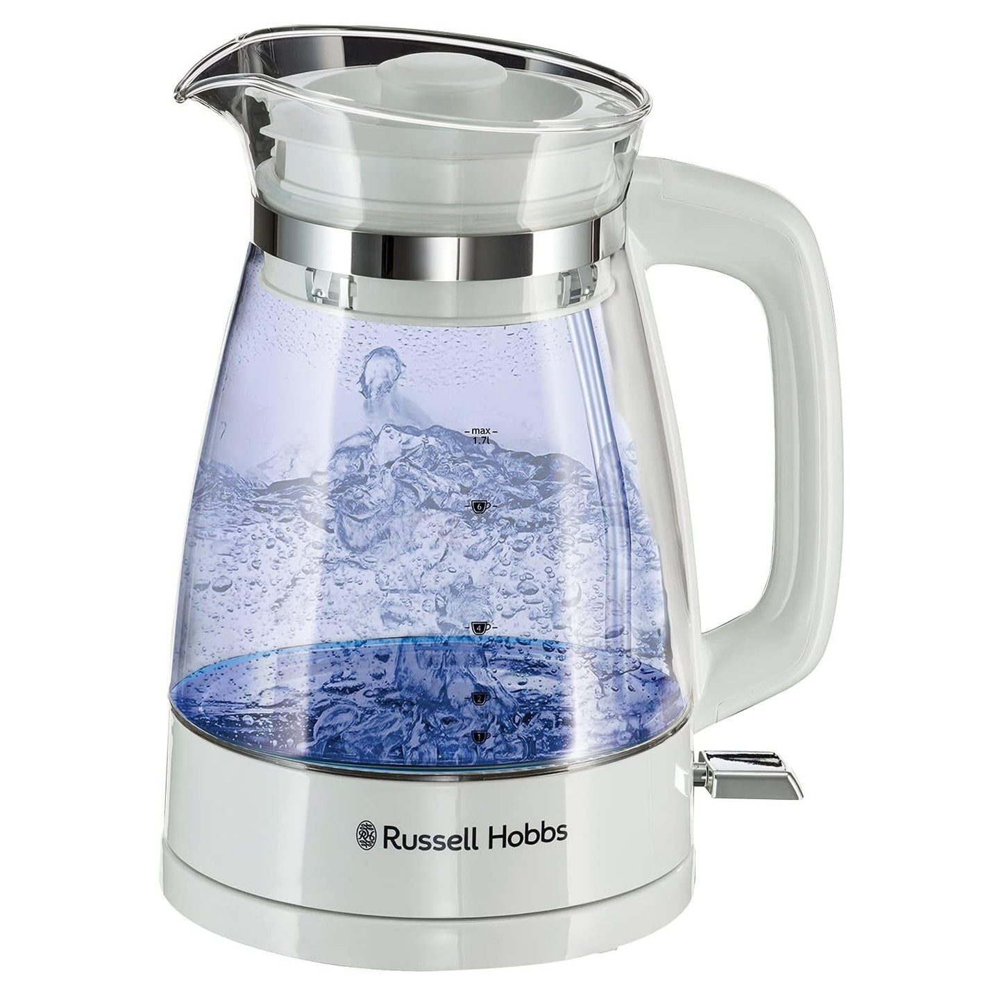 Russell Hobbs Carafe Style 1.7L Cordless Electric Glass Kettle with white handle, lid & base and blue internal illumination (Fast boil, 3KW,