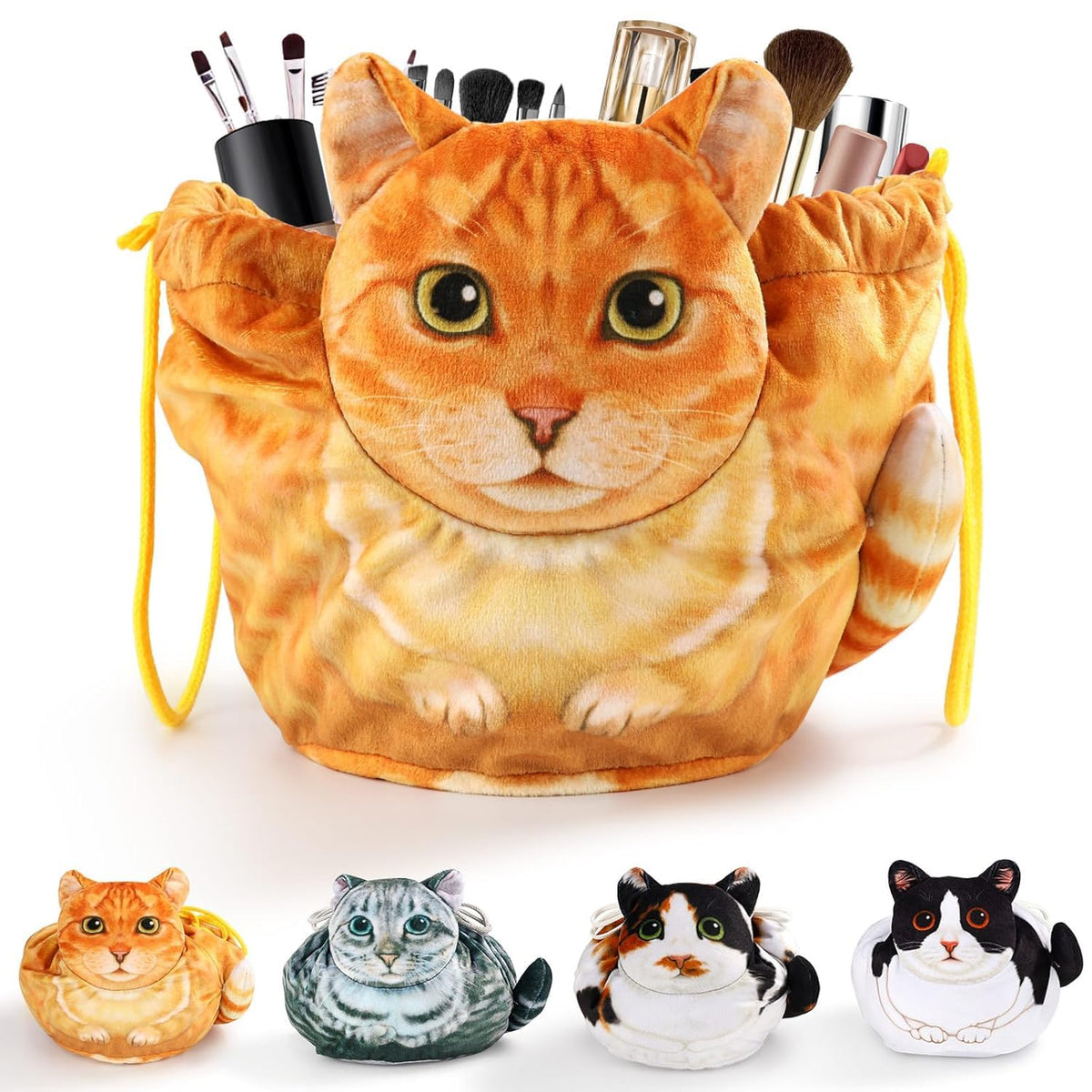 Cat Drawstring Makeup Bag,Flat Lay Make Up Bag,Portable Travel Cosmetic Bag Storage Organiser,Bag for Purse,Cat Gifts for Women/Girls/Cat Lovers
