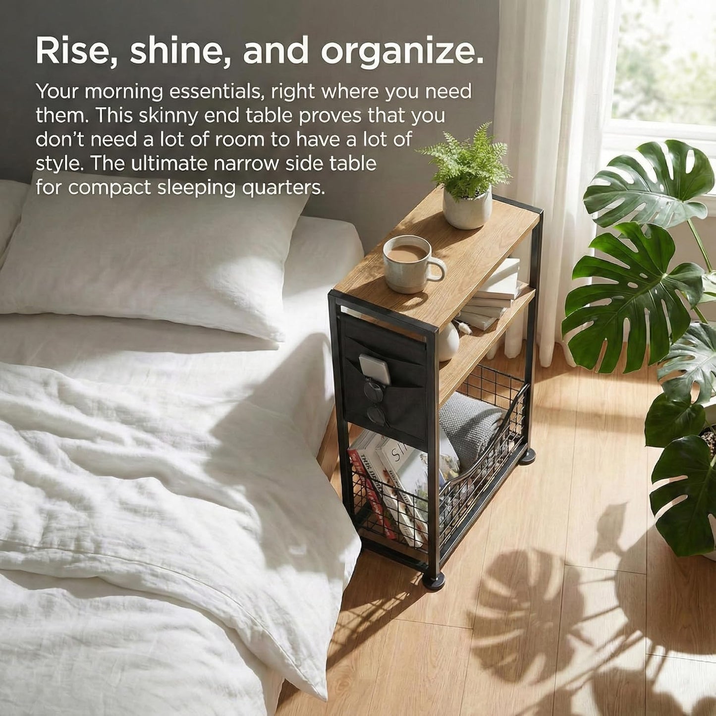ZEXVIDA Narrow Side Table, 3-Tier Slim End Table with Magazine Holder and Fabric Storage