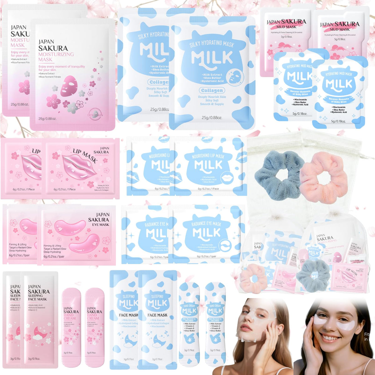 28PCS Sleepover Spa Party Supplies Set ? Sakura & Milk Skin Care Set for Teenager Girl Gift - Travel Kits Gift Packs with Face Masks, Lip & Eye Masks,