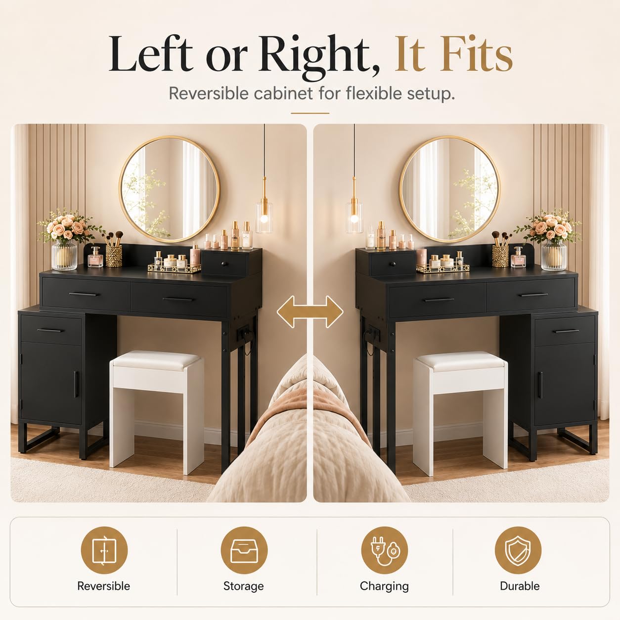 iSunirm Black Dressing Table No Mirror, 90 cm Vanity Desk with 4 Drawers, Charging Station & Reversible Cabinet