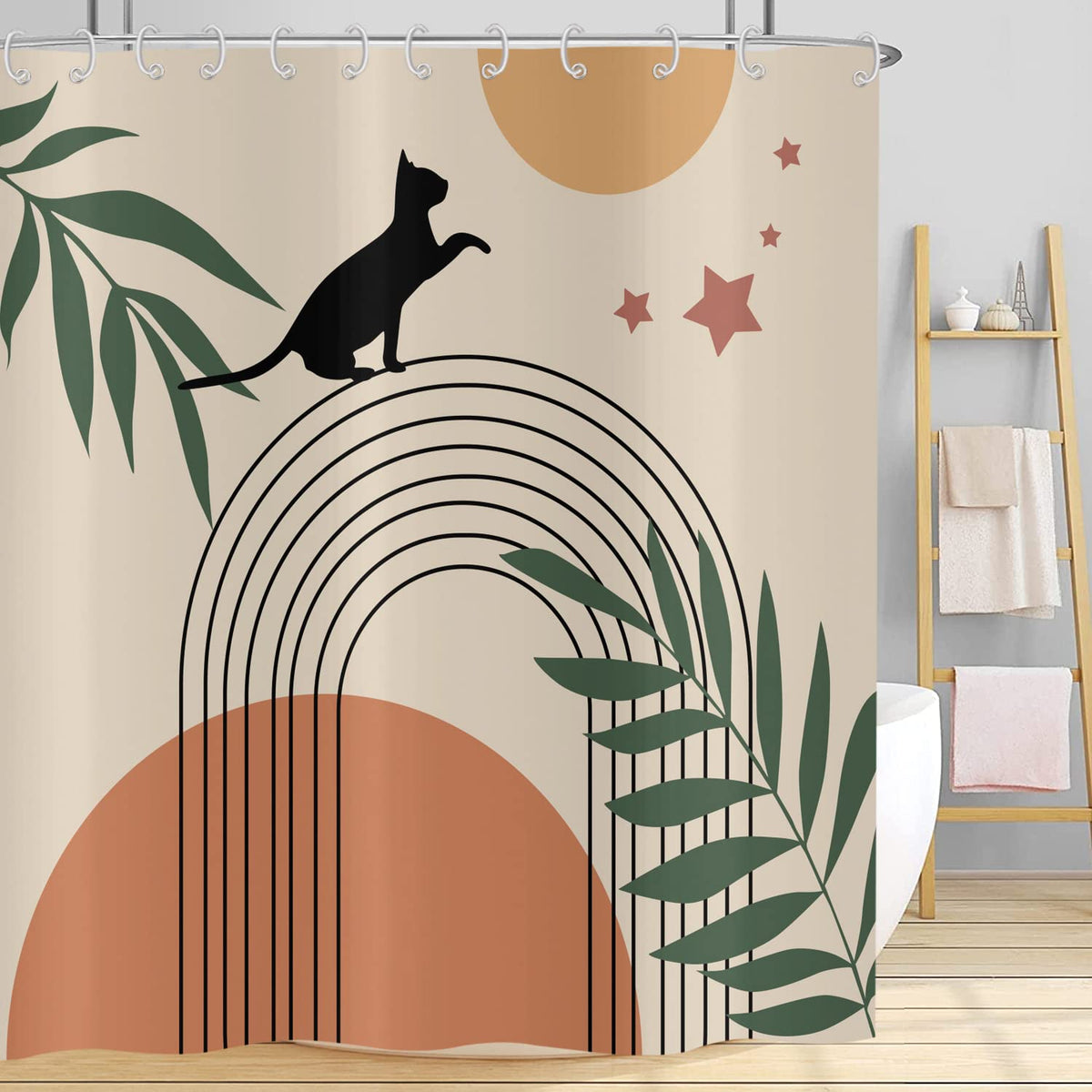 Boho Shower Curtain 180x180, Hnmdmyi Mid Century Abstract Black Cat Green Leaf Arch Sun Moon Beige Bathroom Curtains Modern Minimalistic Geometric
