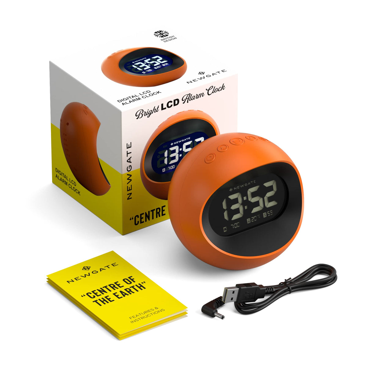 NEWGATE Earth Centre Bedside Digital Alarm Bedroom Accessories-LCD Display-Desk Clock, Acrylic, Orange, cm