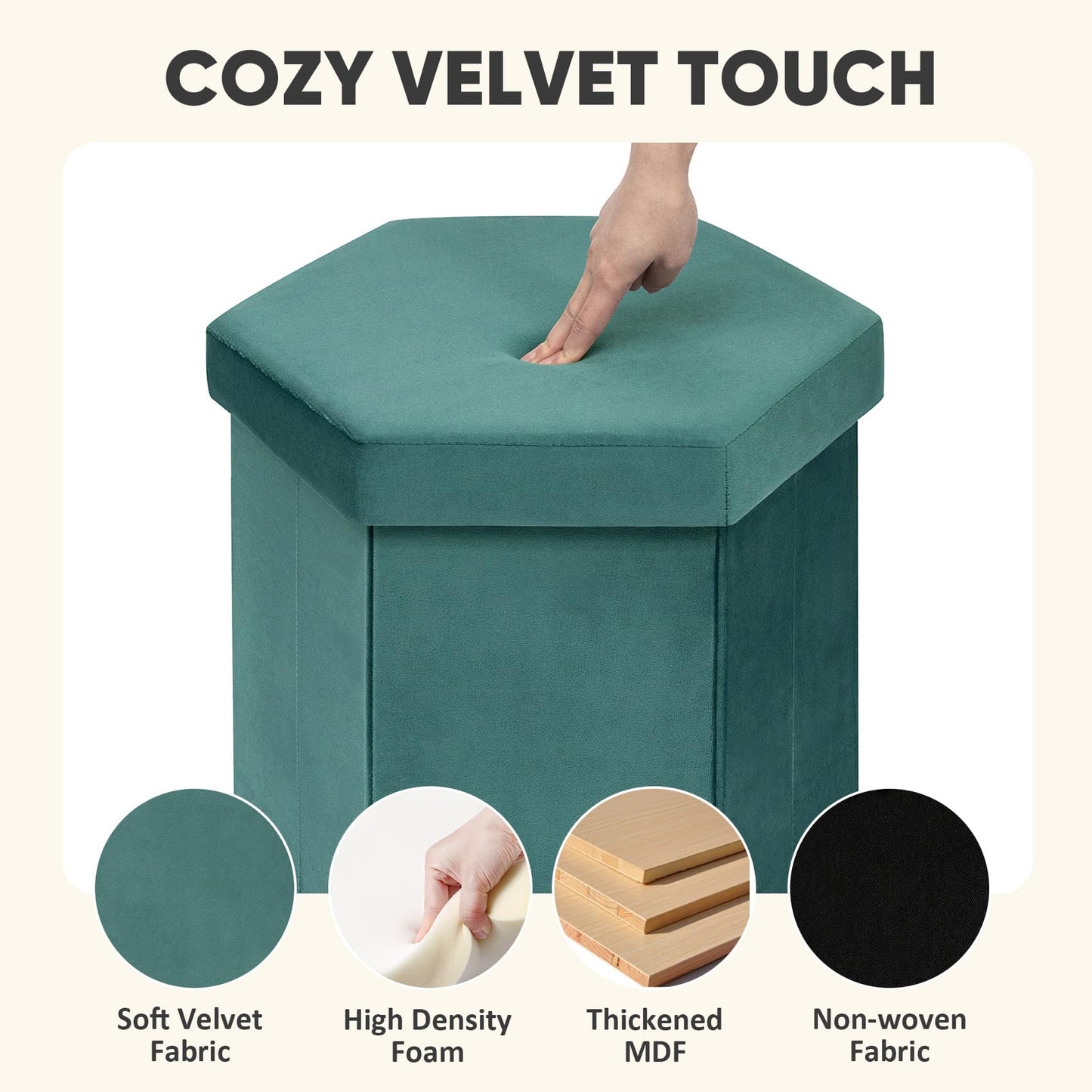 PINPLUS Hexagonal Storage Ottoman, Velvet Foldable Footstool, Teal