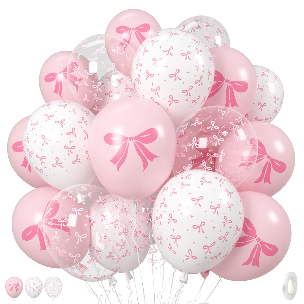 Pink Bow Balloons, 35PCS Light Pastel Pink Clear White Bow Latex Balloon for Girls Women Wedding Bridal Baby Shower Bachelorette Engagement Princess