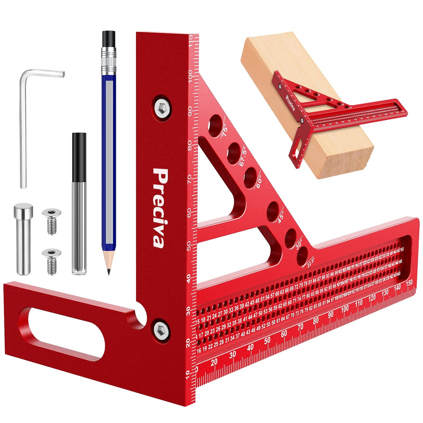 Preciva 3D Speed Square with Pencil, 22.5-90? Multi Angle Combination Squares with Angles Position Aid, Aluminum Alloy Triangle Ruler Measuring Tool,