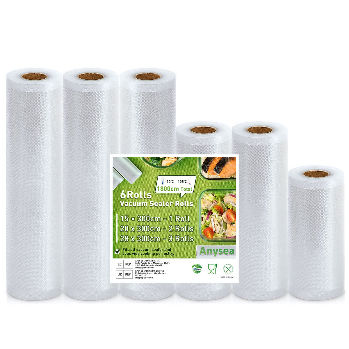 Anysea Vacuum Sealer Rolls Vacuum Sealer Bags: 6 Roll 15|20x2|28x3| x300 cm| BPA-Free | Heavy Duty Embossed | Vacuum Seal Food Bags, Food Sealer Saver