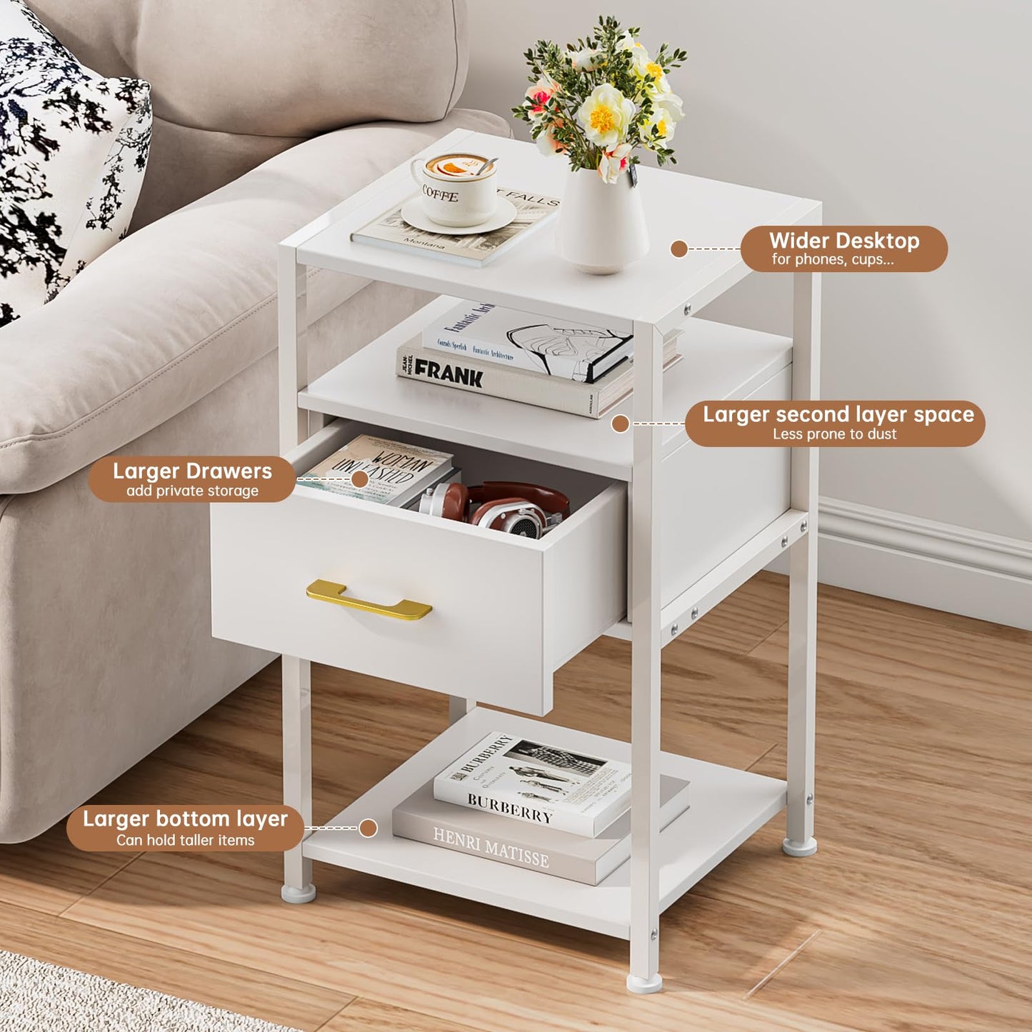3 Tier Slim Wooden End Table with Drawer & Open Shelves