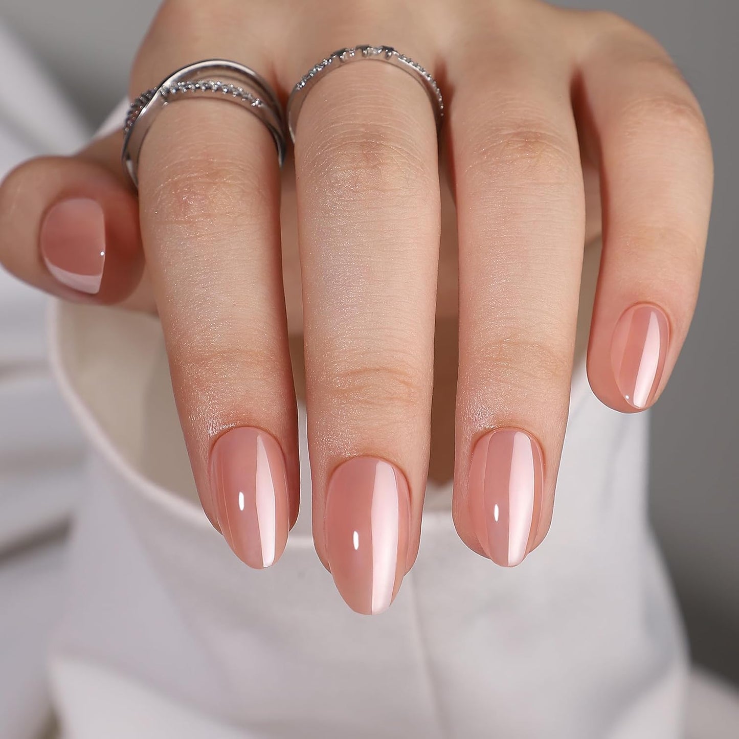 Press On False Nails Short Almond - Findigit Full Cover Glossy Press On Nail,Natural Chrome Nail Tips Glue On Nails, Reusable Stick On Nails in 16