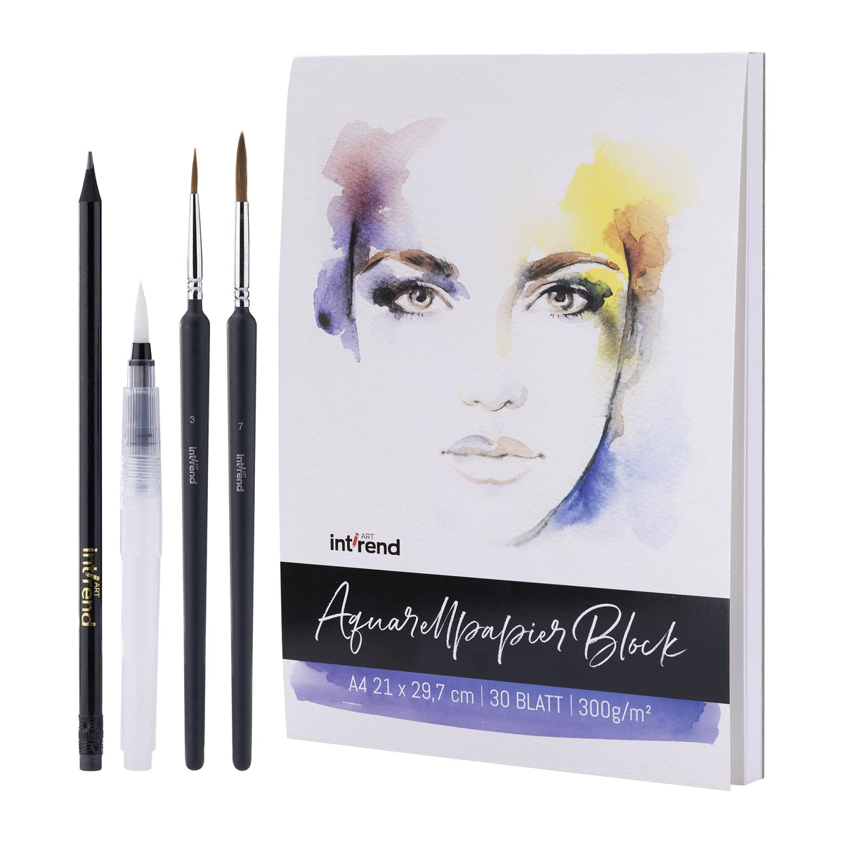 int!rend Watercolour Paper DIN A4 300gsm - 30 White Glued Painting Paper + Water Tank Brush + 2 Brushes + Pencil - Premium Water Colour Pad, Paint