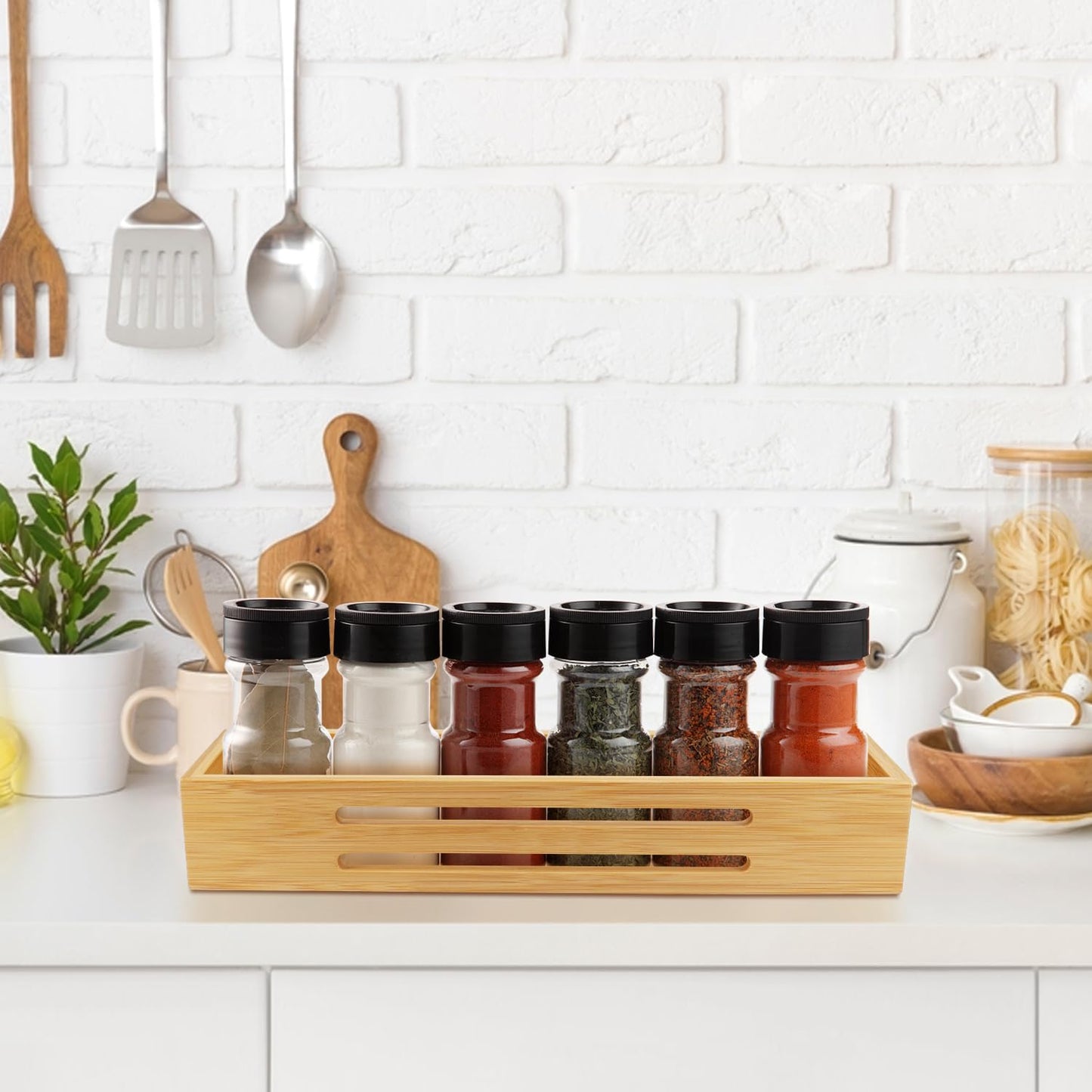 SAUNNIHEN Bamboo Spice Rack Organiser without Drilling, 4 Packs Spice Rack Wall Mounted, Spice Storage Organiser for Inside/Outside Cupboard, Herb