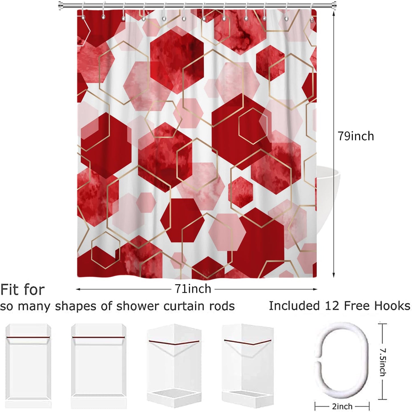 Hnmdmyi Red Shower Curtain 180x200, Modern Geometric Hexagon Abstract Art Bathroom Curtains Waterproof Polyester Fabric Washable Bath Curtains with