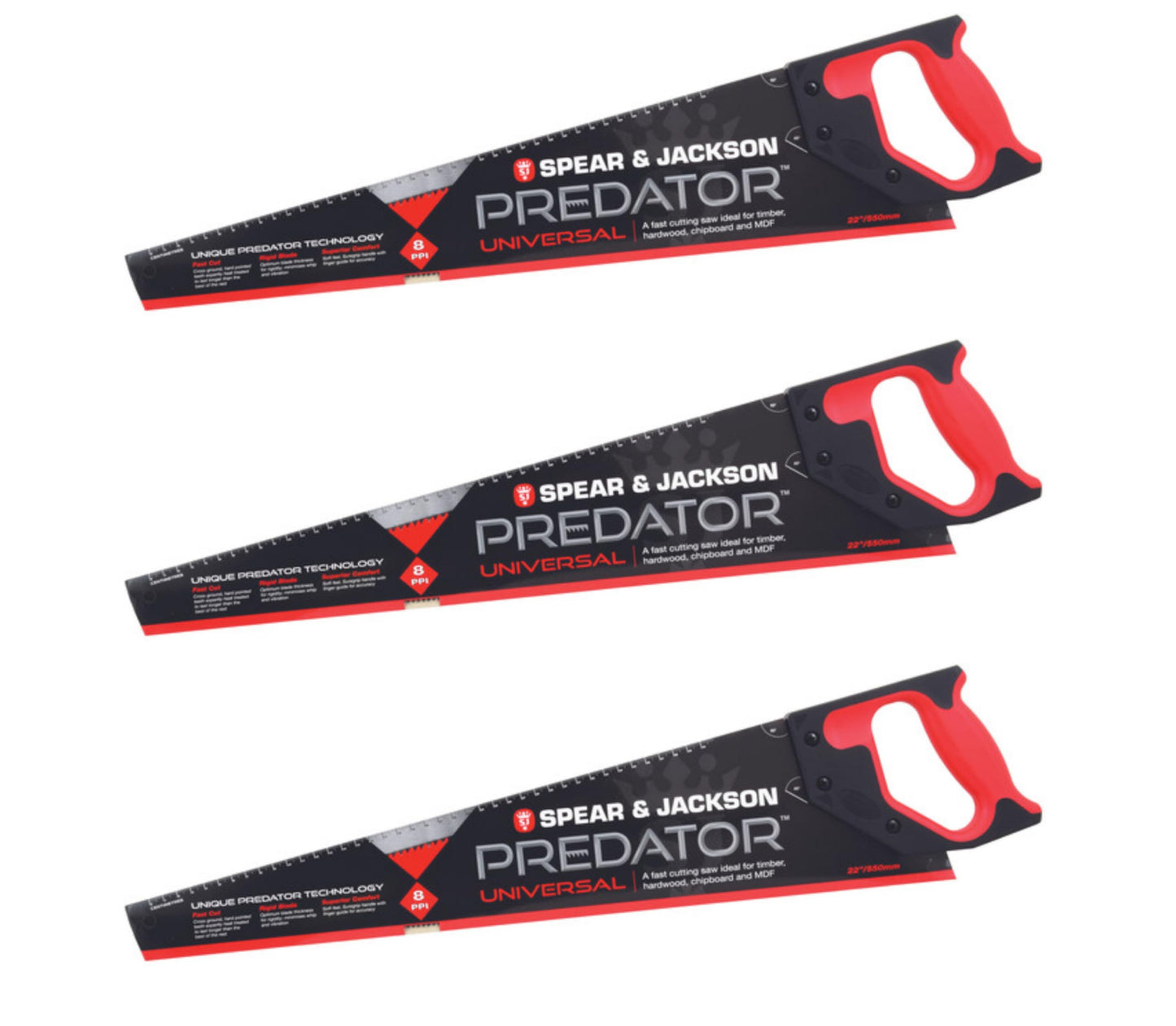 Spear & Jackson B9822 Triple Pack Predator Universal Saw, 22" x 8pts (Pack of 3 Saws), Red