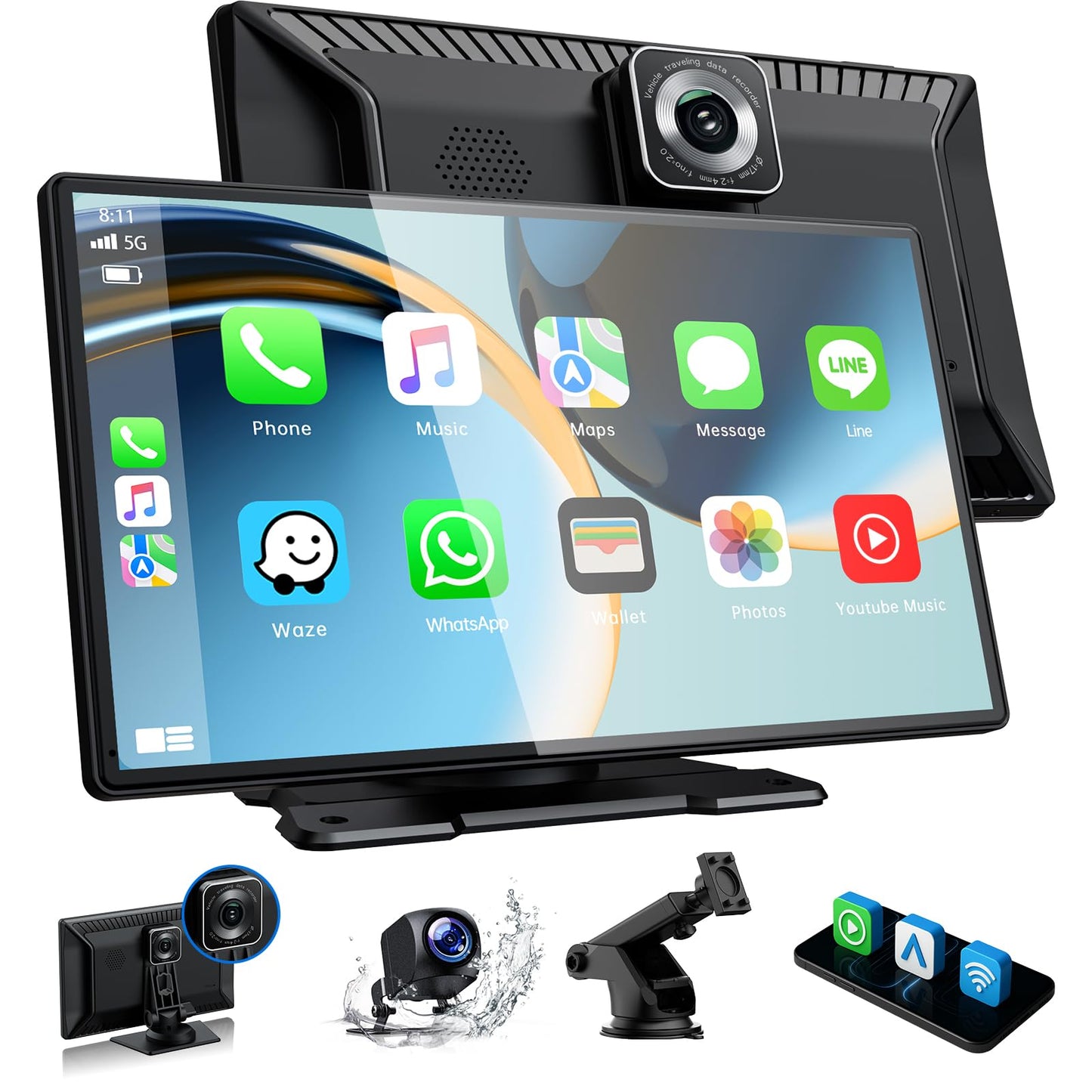 Volam Carplay Car Stereo for AppIe Car Play Android Auto 9 inch Carplay Screen for Car with Dashcam Front&Backup 2.5K+1080P with GPS-Navigation/Mirror
