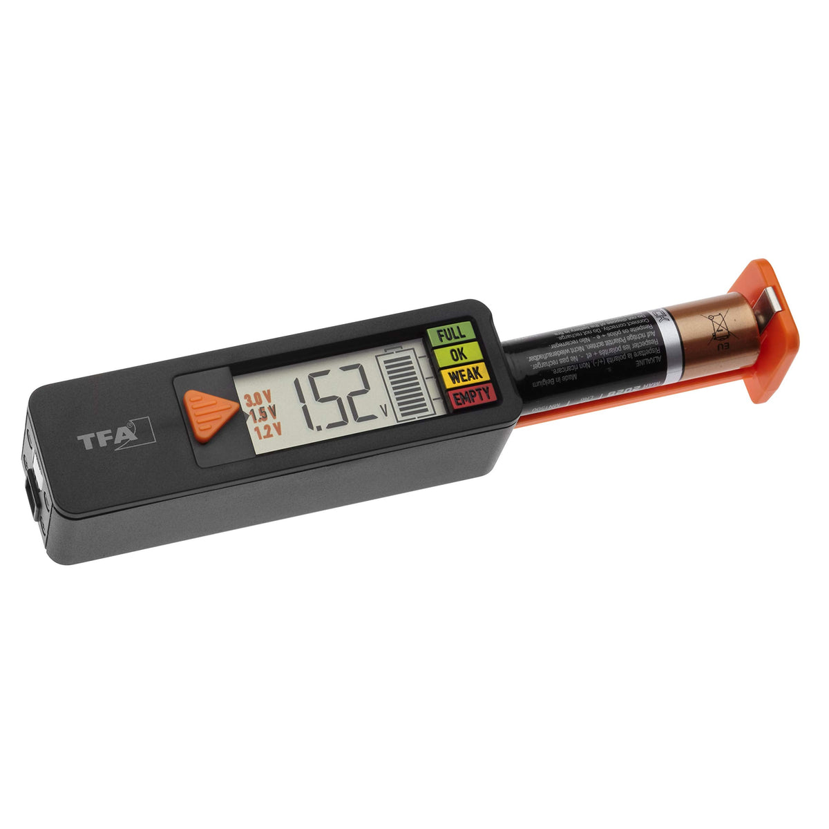 TFA Dostmann BatteryCheck 98.1126.01 Battery Tester for Batteries (AAA, AA, C, D), Button Cell, Block Battery, Display of Charging Status/Volt, Easy