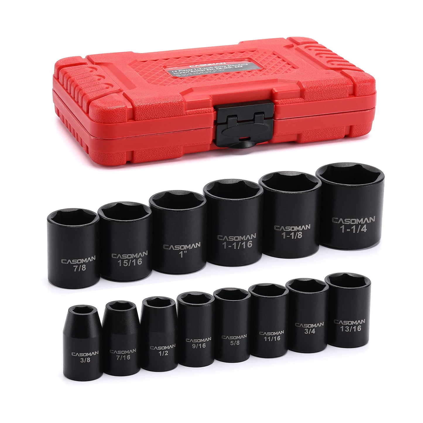CASOMAN 14 Pieces 1/2-Inch Drive Shallow Impact Socket Set, 6-Point, SAE, 3/8" to 1-1/4"