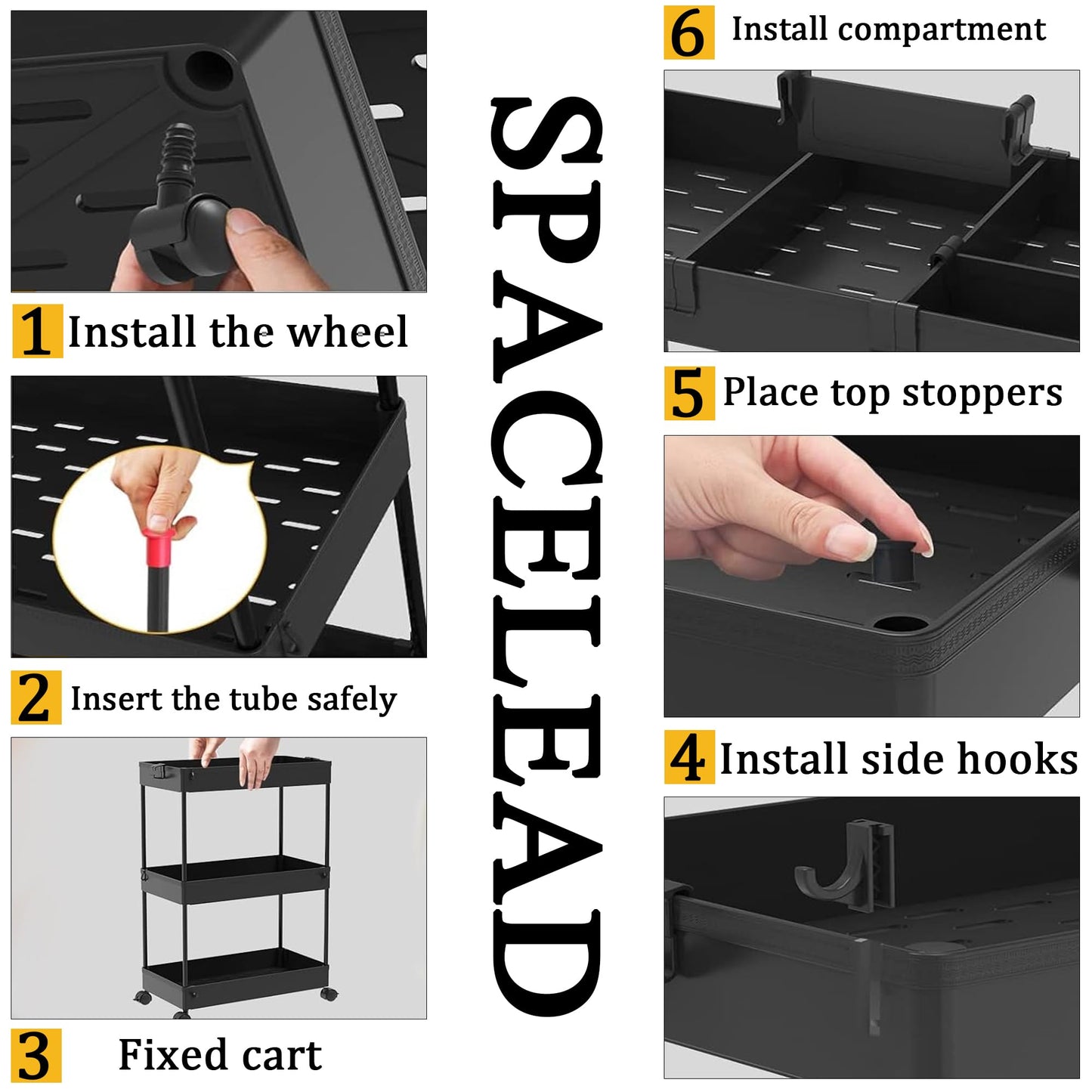 SPACELEAD Slim Storage Cart 3 Tier,Bathroom Organizer Rolling Utility,Mobile Shelving Unit Slide Out for Office, Kitchen