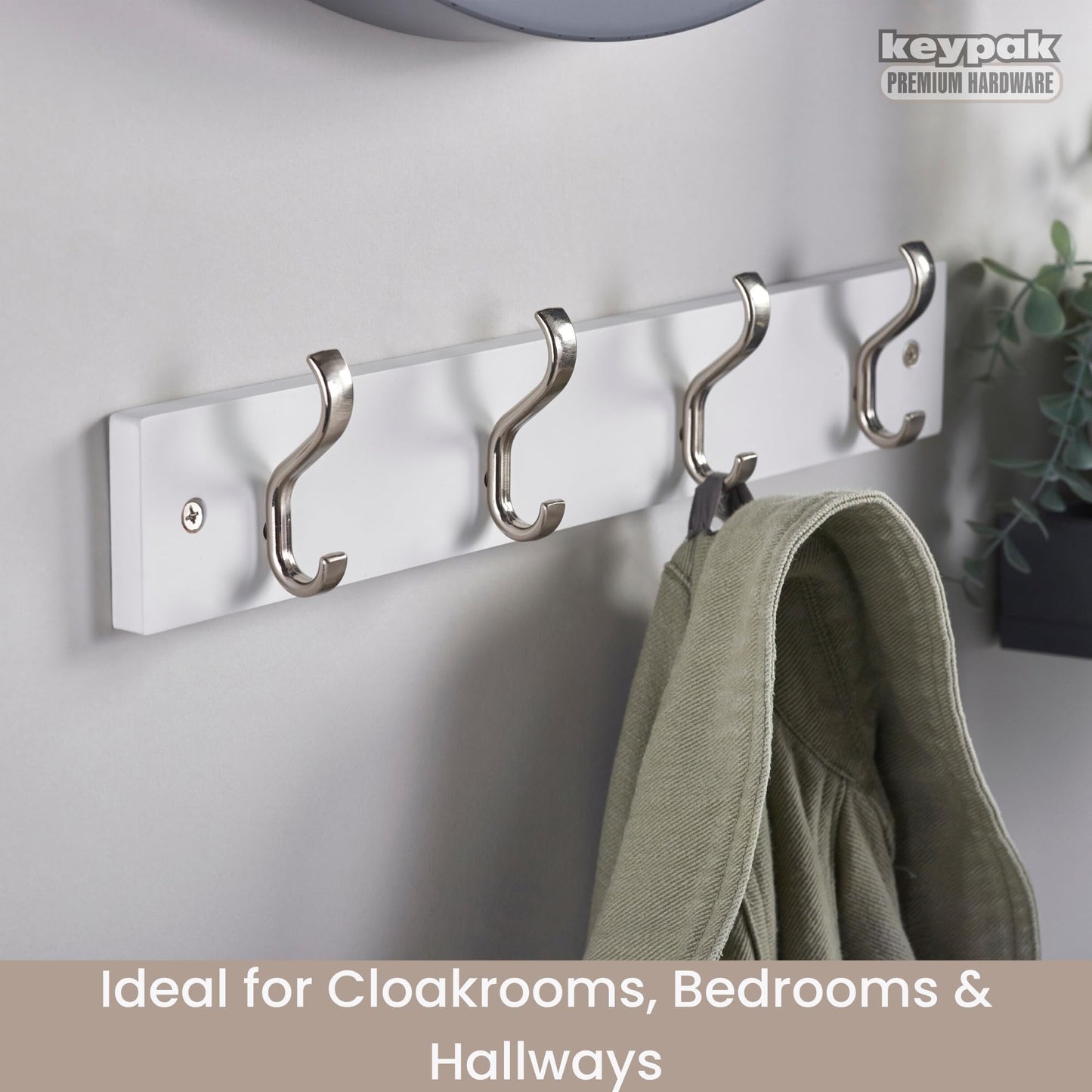 keypak Wall-Mounted Coat Rack – 4 Nickel Hooks on Stylish 38cm White Base
