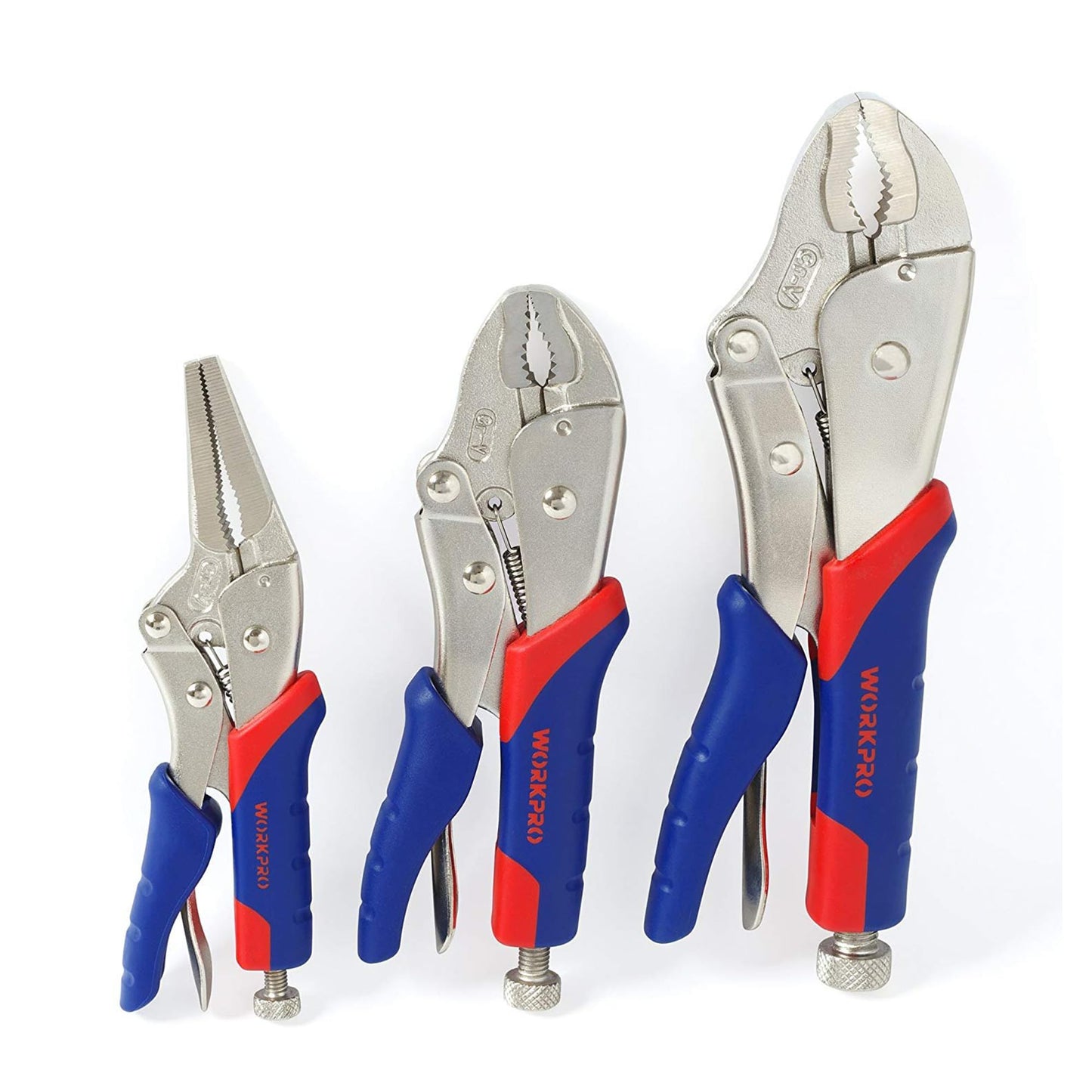 WORKPRO 3-Piece Locking Pliers Set, Cr-V Steel Mole Grips, Quick-Release & Self-Locking with Soft Handle, 250 mm & 180 mm Curved Jaw, 165 mm Straight