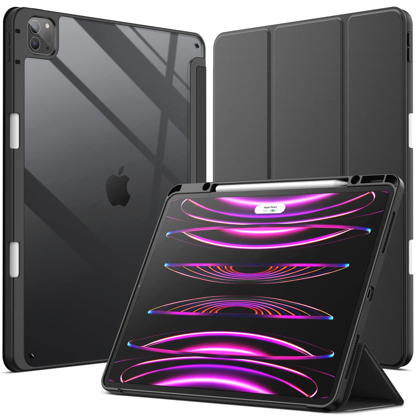 JETech Case for iPad Pro 12.9-Inch (2022/2021/2020/2018) with Pencil Holder, Clear Transparent Back Shell Slim Stand Shockproof Tablet Cover, Auto