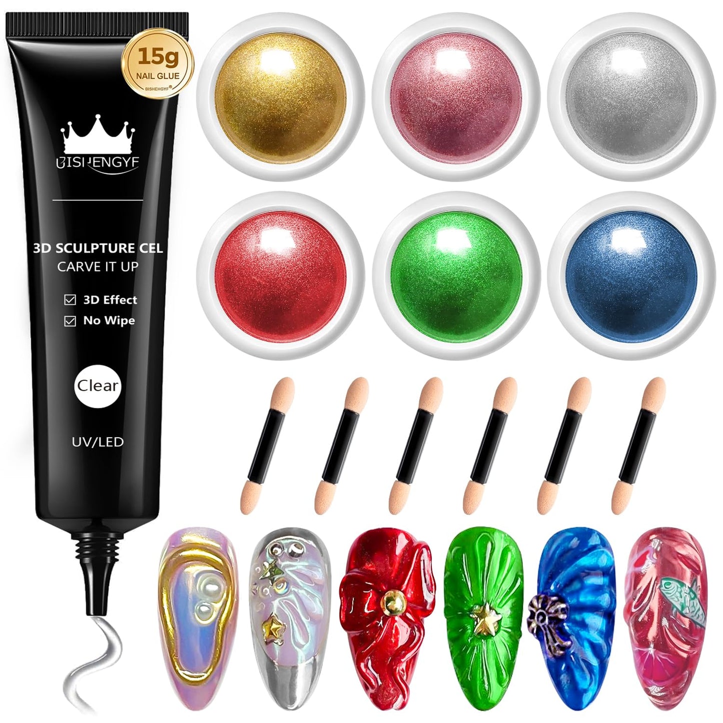 BISHENGYF No Wipe 3D Sculpting Nail Gel: Clear Rhinestone 3D Nail Gel and Gold Silver Pink Chrome Nail Powder,Red Green Painting Carved Gel Nail