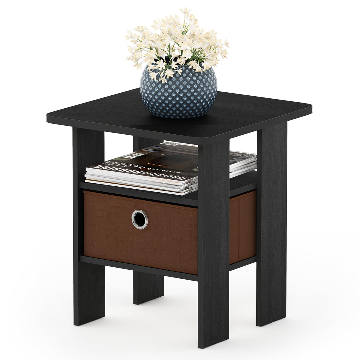 Furinno ANDREY Side Table, End Table, Night Stand with Open Shelves and Storage Bin, Bedside Table, for Living Room, Bedroom, Americano