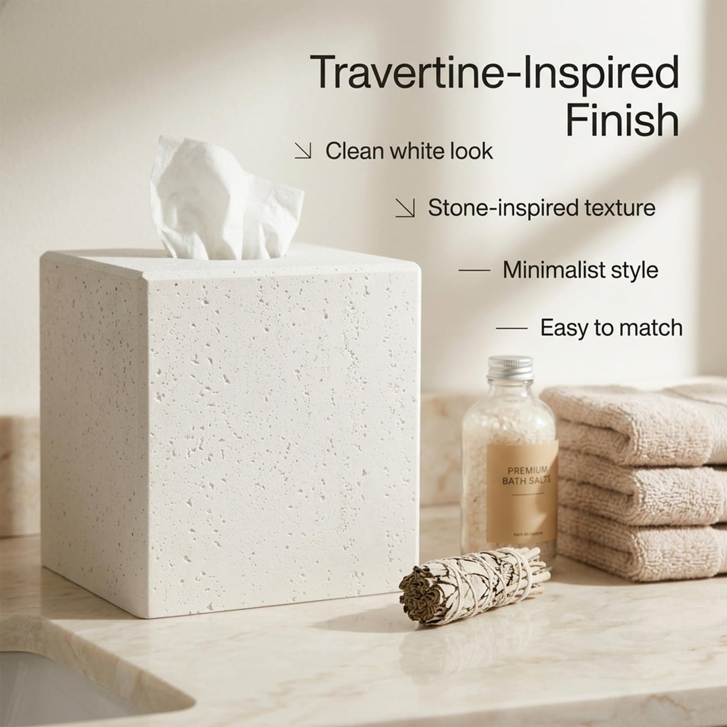 White Tissue Box Cover, Modern Square Decorative Tissue Box Holder with Travertine-Inspired Finish, Removable Magnetic Base Lid