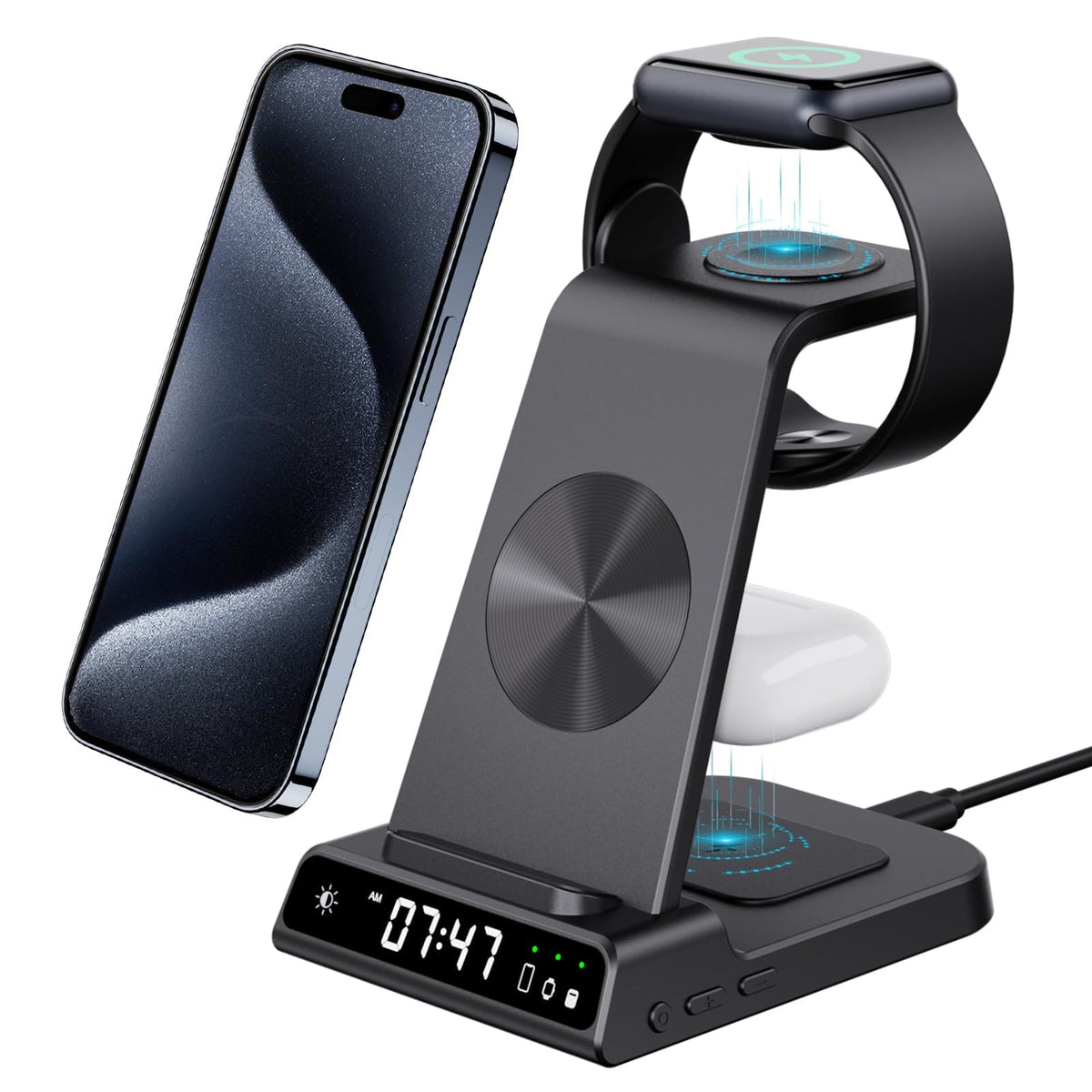 3 in 1 Wireless Charging Station for iPhone Devices with Digital Clock, 18W Fast Wireless Charger for iPhone 17/16/15/14/13/12 Series, Charging Dock