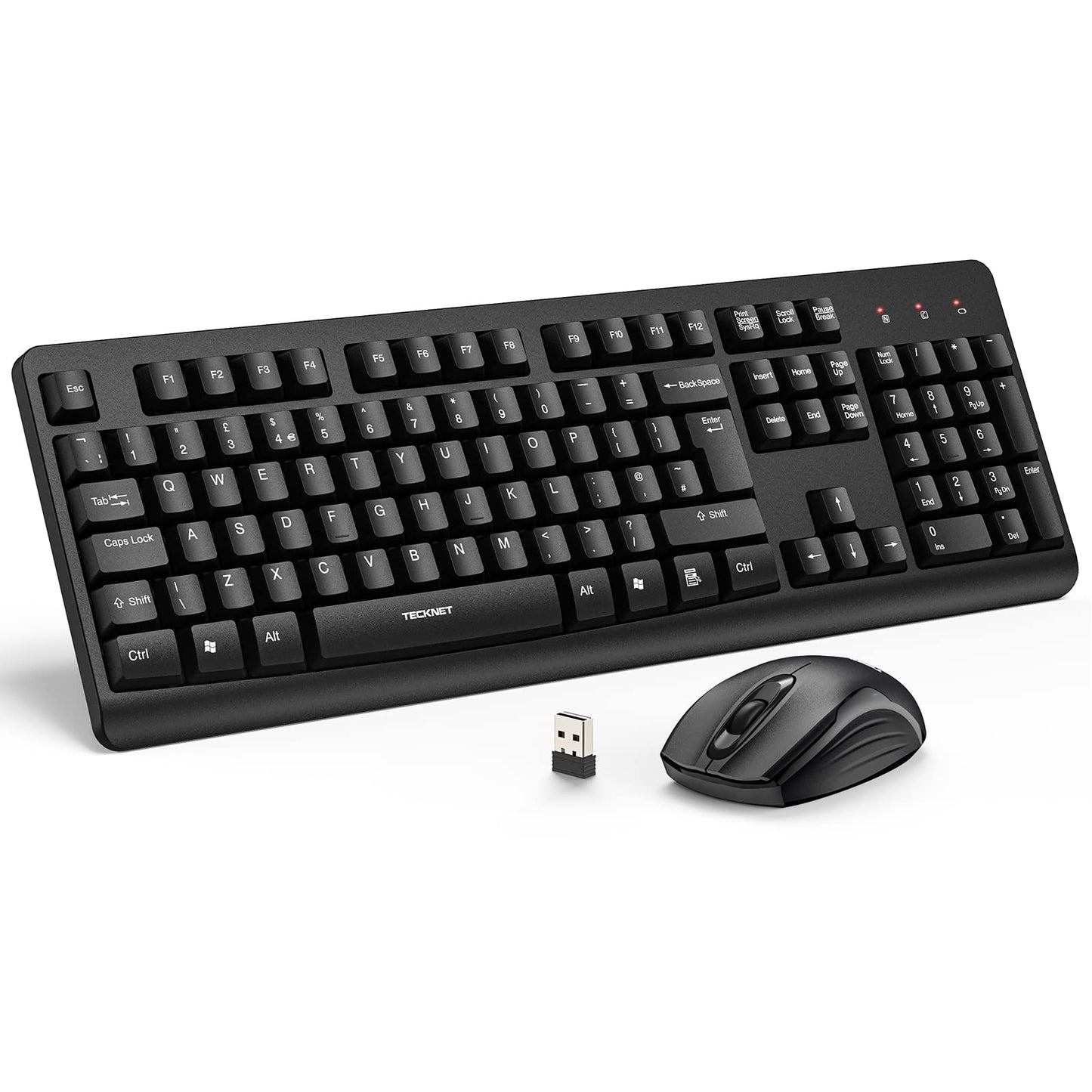 TECKNET Wireless Keyboard and Mouse Set, Ergonomic 2.4G Cordless Keyboard & Mouse Combo Silent, Full-Size, Spill-Resistant with Nano USB Receiver for