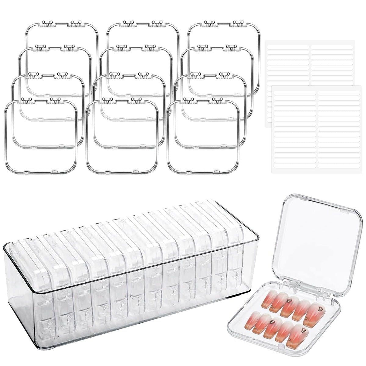 wordmouk 12 PCS Press On Nails Packaging Boxes (8.5 ? 8.5 CM) 60 PCS Double Sided Tapes 1 Large Acrylic Storage Box Transparent False Nails Display