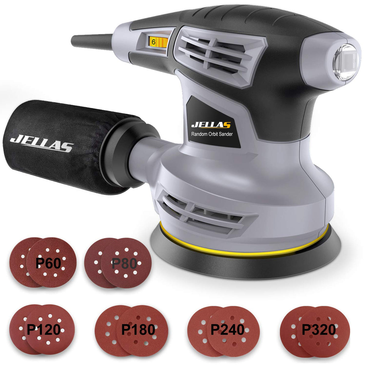 Jellas Orbital Sander, 125MM 13000RPM 6 Variable Speed Orbit Sanders, 12 Pcs Sandpapers,Dust Collection Bag, 360?Rotating Sanding Base Plate, Sander