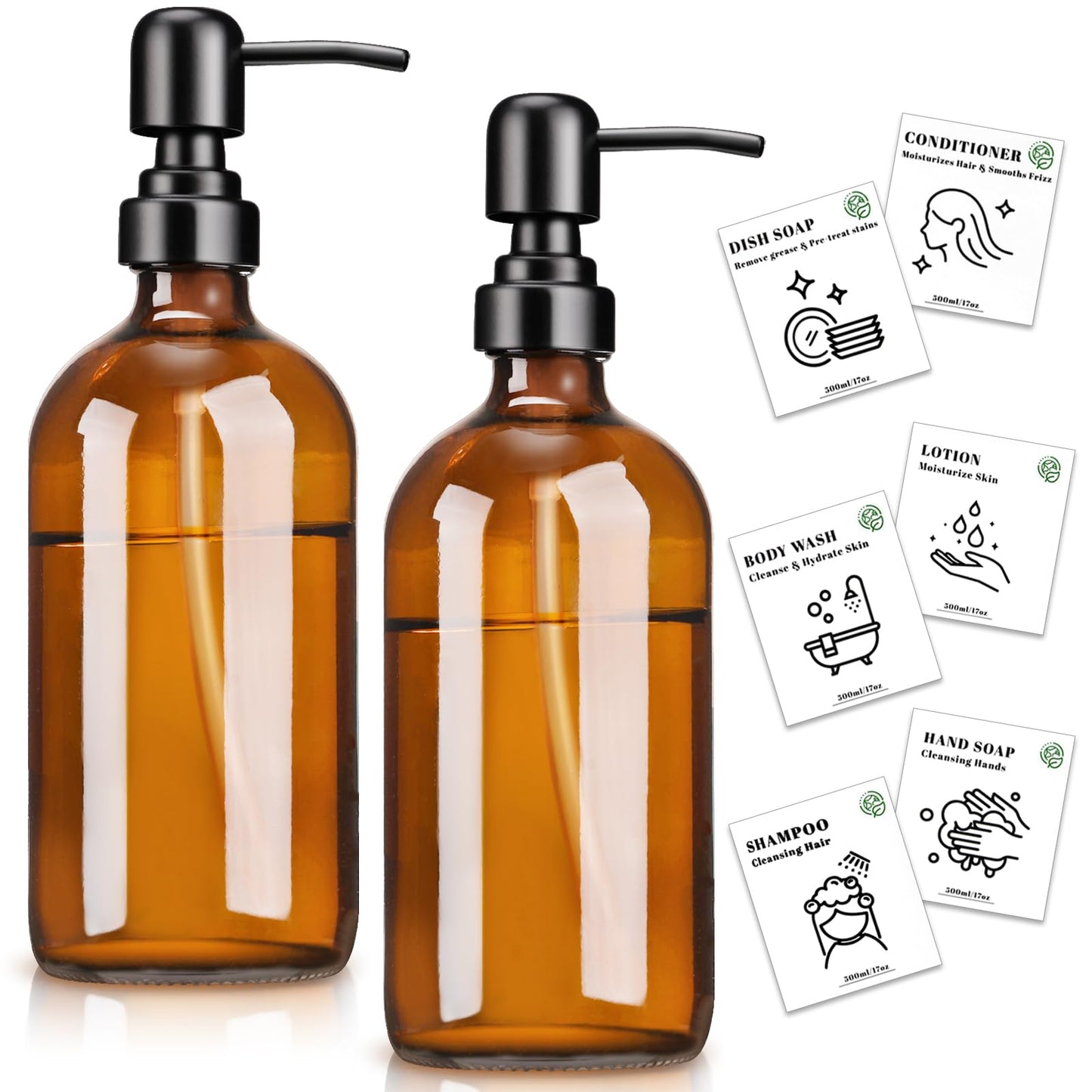 Euqvunn 500ml Amber Glass Soap Dispenser, 2 Pack Refillable Glass Pump Bottle with Stainless Steel Pump, Dish and Hand Soap Dispenser for Kitchen &