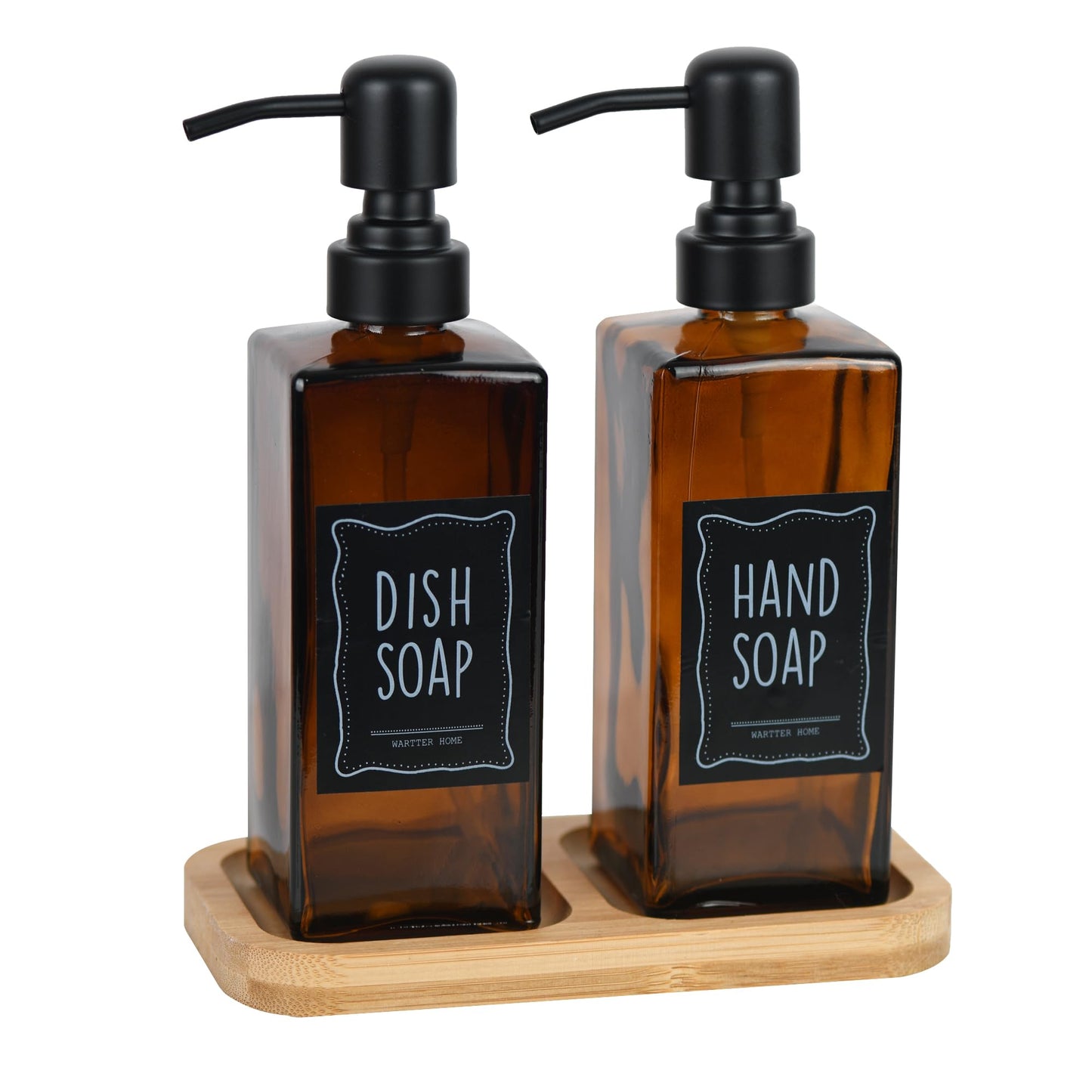 Modern soap Dispenser Set with Bamboo Base. Glass soap Dispenser with Stainless Steel Pump, Perfect for Kitchen Decor and Accessories. (Amber 2pack)