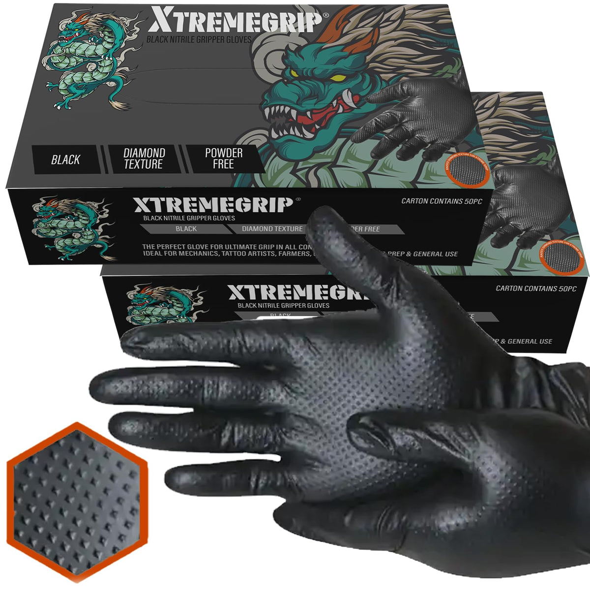 Xtremeauto Nitrile Gloves - Disposable Gloves, Diamond Grip Black Gloves - Powder-free & Latex Free Nitrile Gloves, Extra Thick & Strong Rubber Gloves