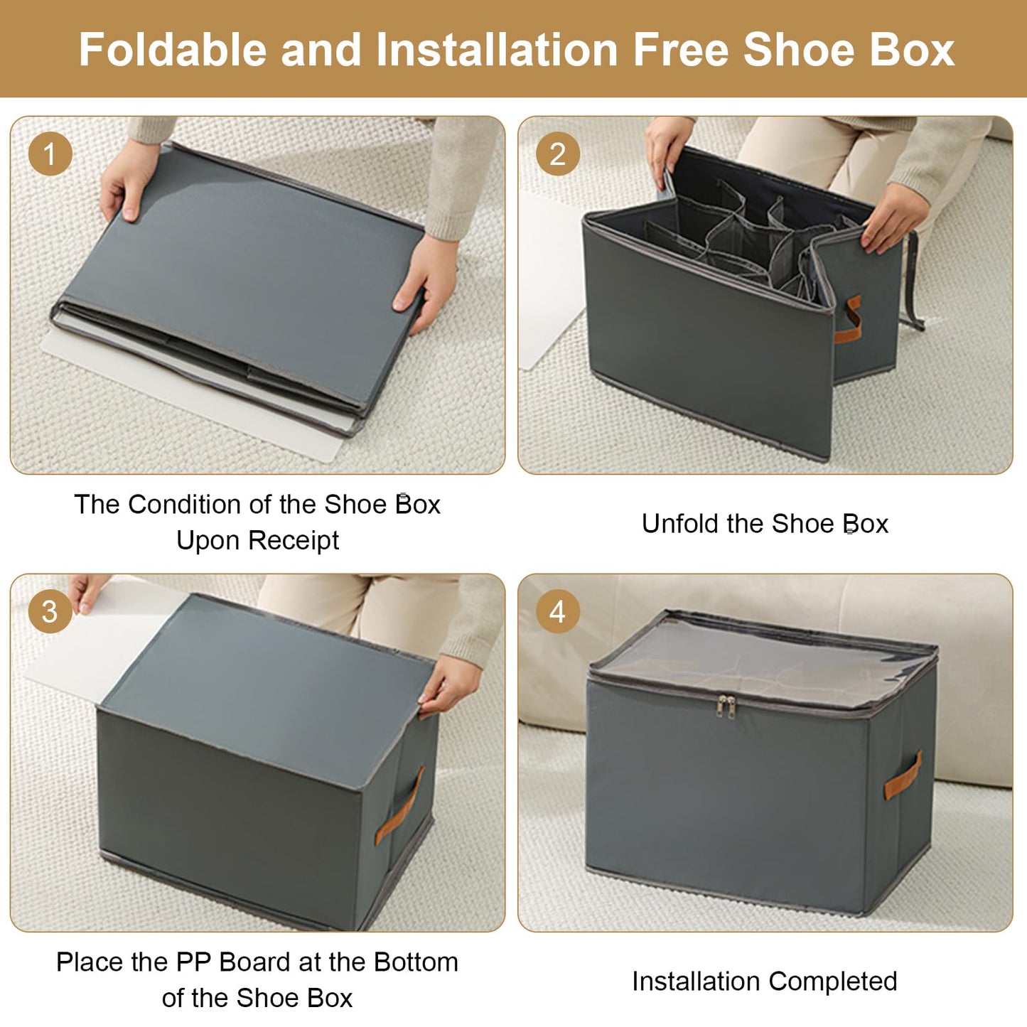 DUTIFUL Shoe Organiser Box Fits 12 Pairs Fabric Shoe Storage Box Foldable Shoes Organizer with Clear Lids Bottom Support and Reinforced Handles Shoes
