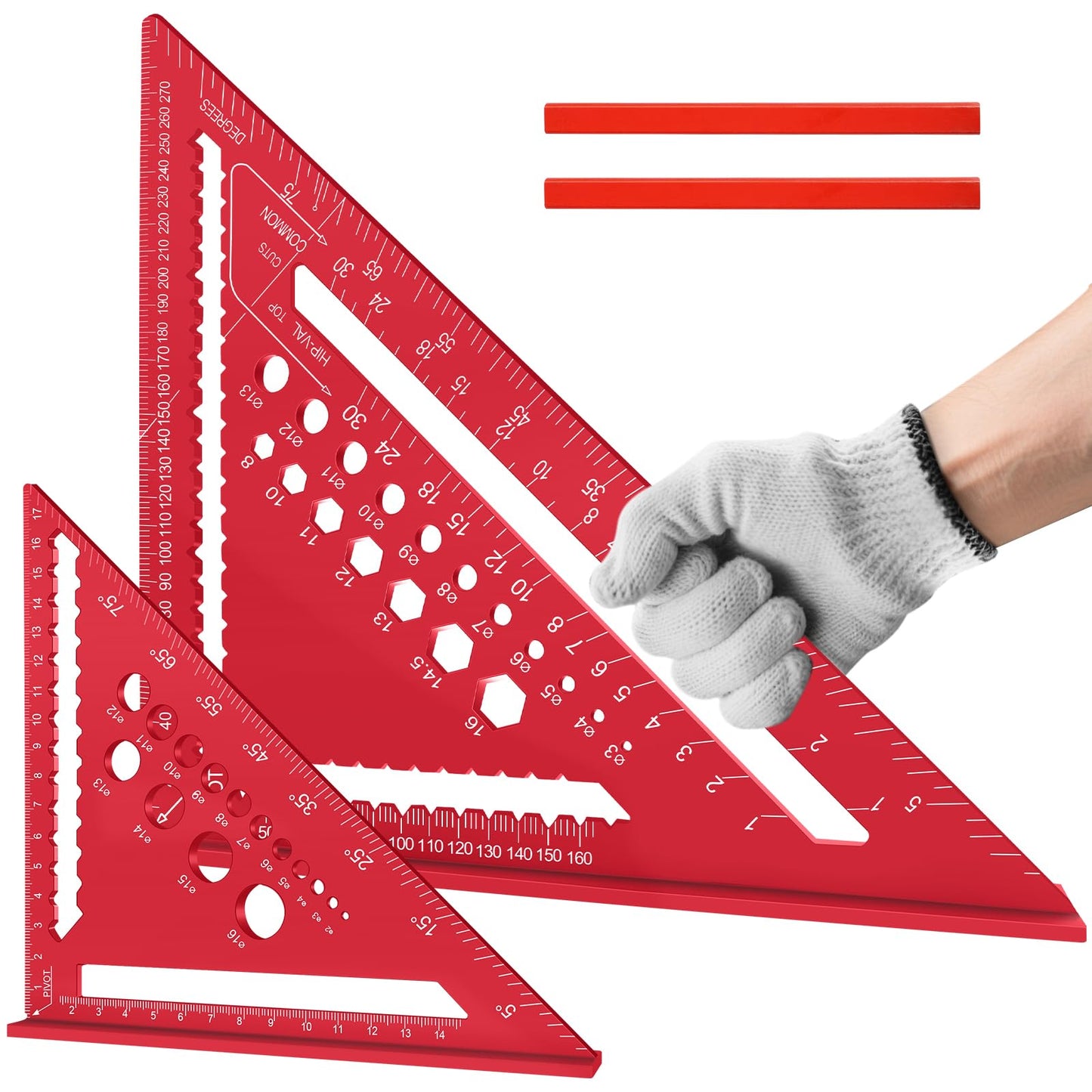 Flintronic 2 Pcs Speed Square Set, 18+30cm/ 7+12inch Aluminum Alloy Triangle Ruler, Metric Woodwork Square with Carpenter Pencil* 2, Carpenters