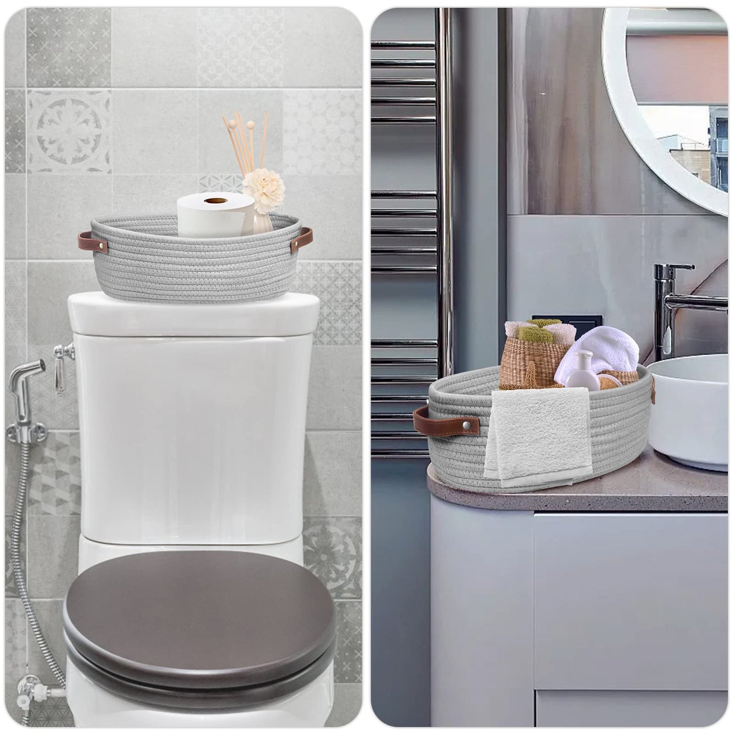 AmapleL Woven Storage Basket with Handles for Toilet Tank Top, Bathroom Storage Organizer Basket Bin Toilet Paper