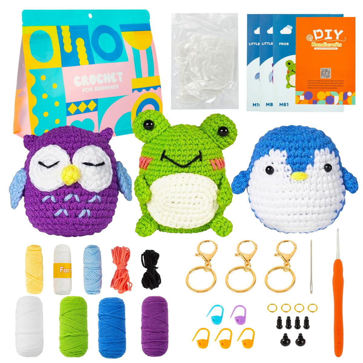 cotaour 3Pcs Crochet Kit for Beginners, Beginners Crochet Kit Adults Kids Crochet Knitting Animal Set for Beginners with Instructions and Video