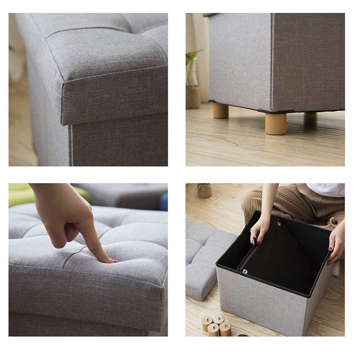 BRIAN & DANY Folding Ottoman Storage Box with Wood Legs, Linen Foot Stool, Footstool with Storage, Highly Elastic Sponge Filling, Gray, 38 x 38 x 38