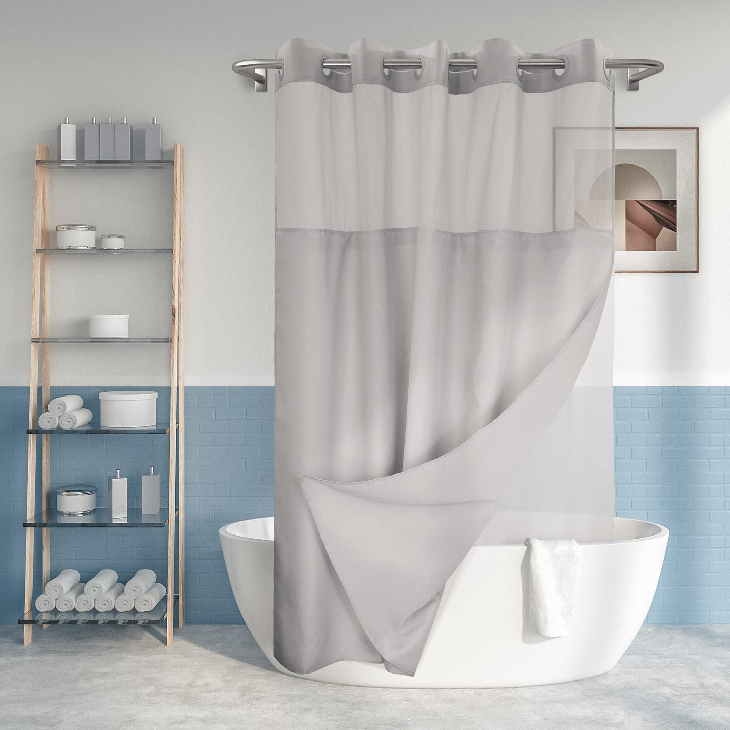 Long No Hook Slub Textured Shower Curtain with Snap-in PEVA Liner Set - 71" x 77"(75"), Hotel Style with See Through Top Window, Grey Fabric Curtain &