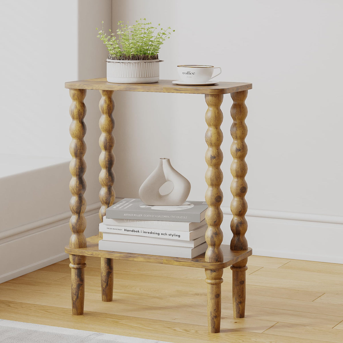 JERX 2-Tier Wooden Side Table, Narrow Nightstand with Open Wood Shelf, Bedside Table for Small Spaces, Bedroom, Living Room, Accent End Table with