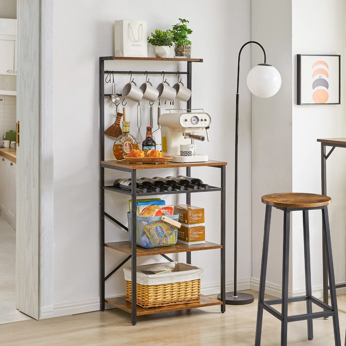 YMYNY Kitchen Baker's Rack, Microwave Oven Stand with Storage Shelves, Industrial Coffee Bar Station, with Adjustable Wine Holders and S-Hooks, Metal