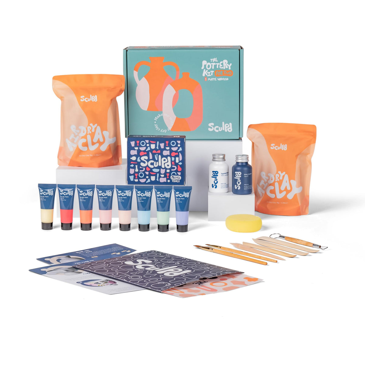 Sculpd Pottery Starter Kit - Complete Air Dry Clay + Painting Beginner Set for 2 Adults: Includes Sculpting Tools, Acrylic Paint, Brushes, Easy Guide,