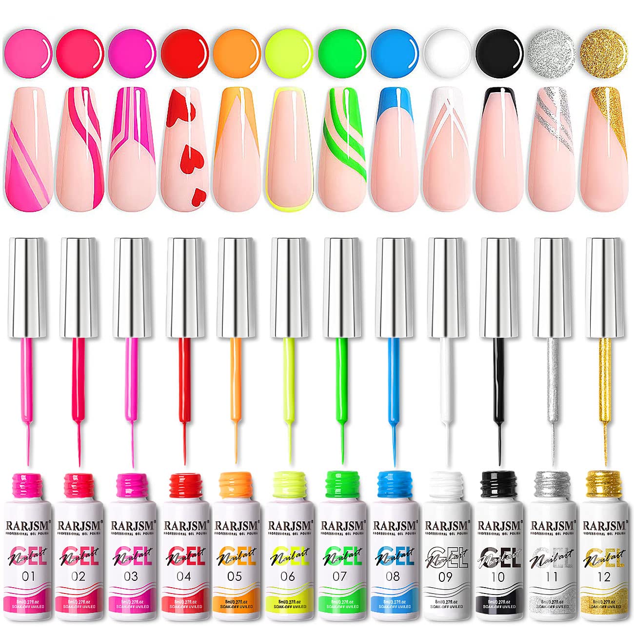 RARJSM Nail Art Gel Nail Polish 8ml Painted GelPolish Kit 12 Colors Painting Drawing Gel Liner Polish,Pull Line GelPolish for DIY French Manicure Nail