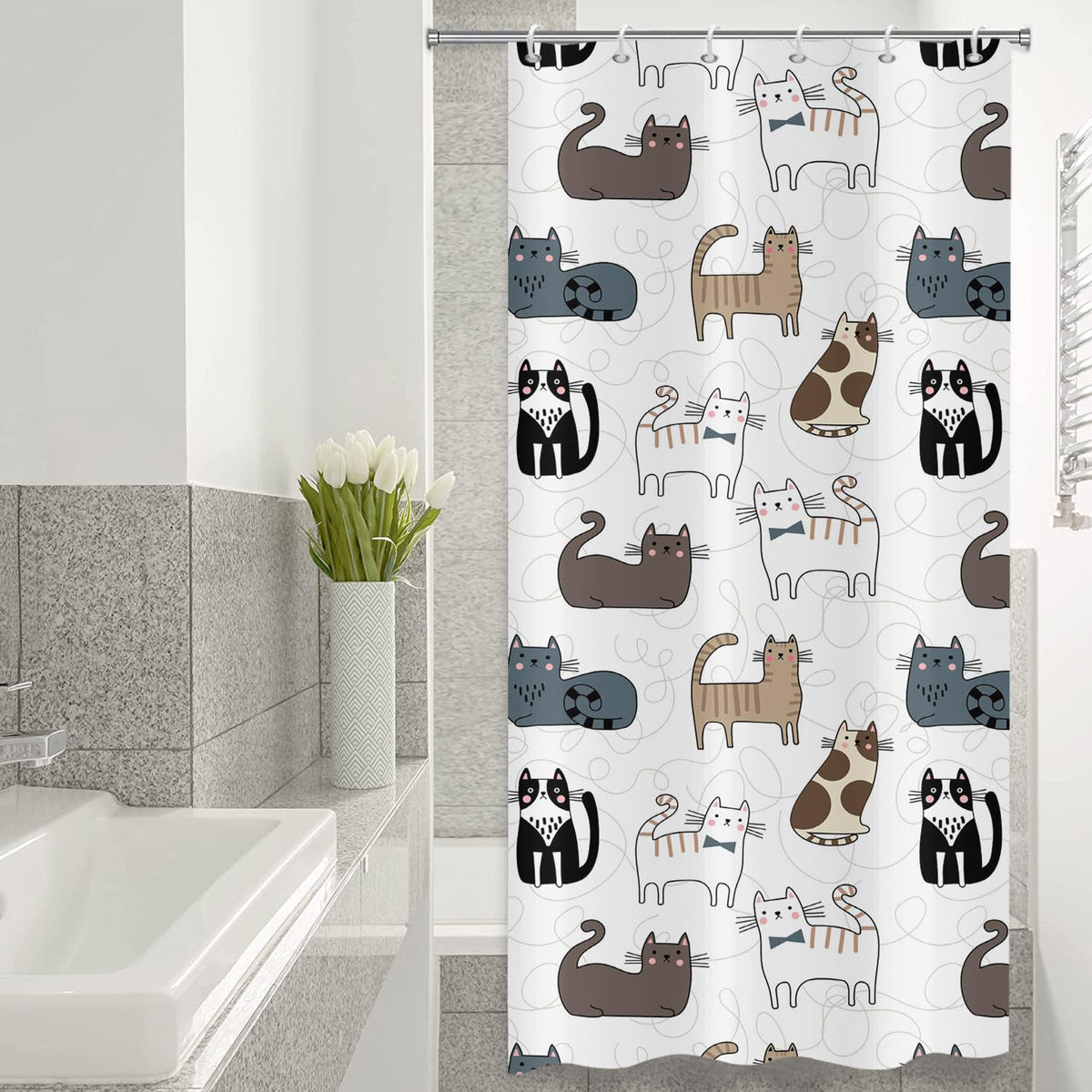 ASDCXZ Narrow Shower Curtain 90x180 cm, Cute Cartoon Cat Kids White Bath Washable Shower Curtains with eyelets Polyester Textile Waterproof Shower
